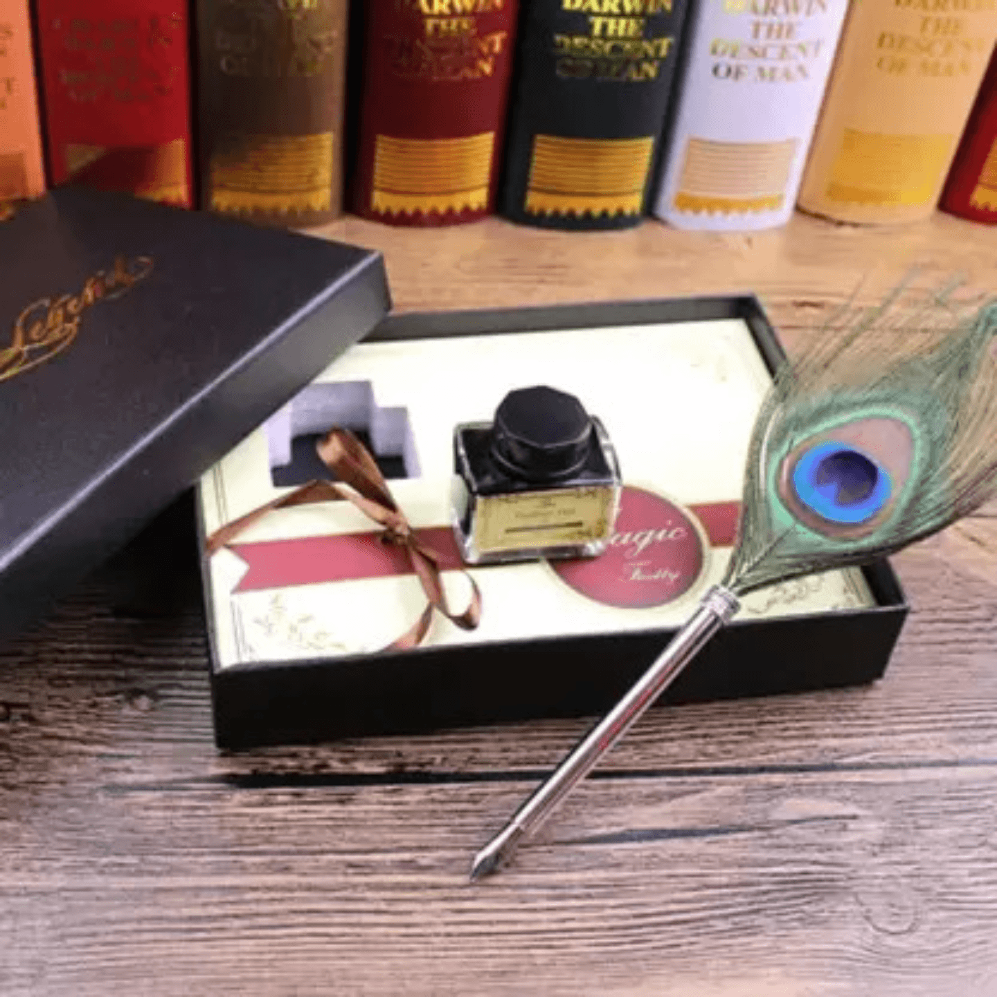 Qatalitic Legend Retro Style Peacock Feather Dip Pen Set - Antique Writing Quill and Fountain Pen in Silver with Ink Bottle