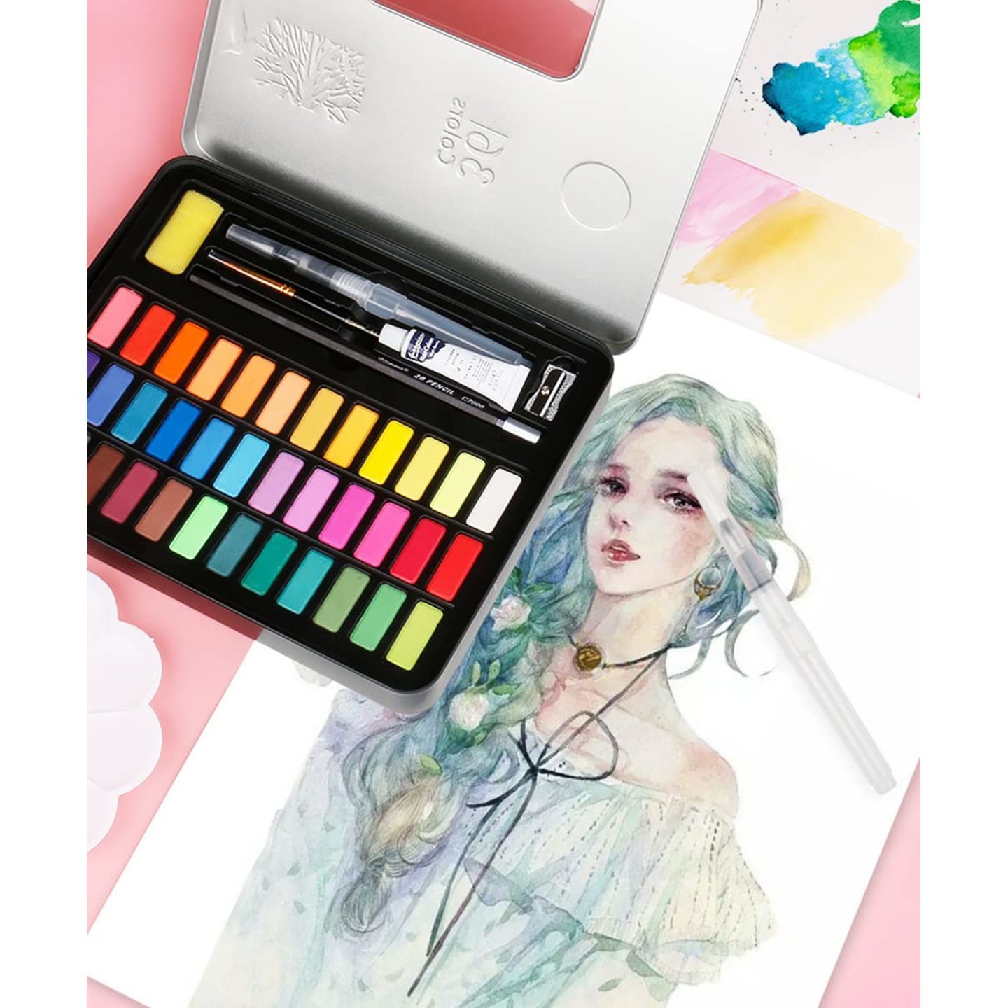 Qatalitic Watercolour Paint Set of 36 Pcs with Water Brush Pen  in Tin Box / Solid Watercolor Paints of 36 Assorted Shades in Box ( Multicolour )