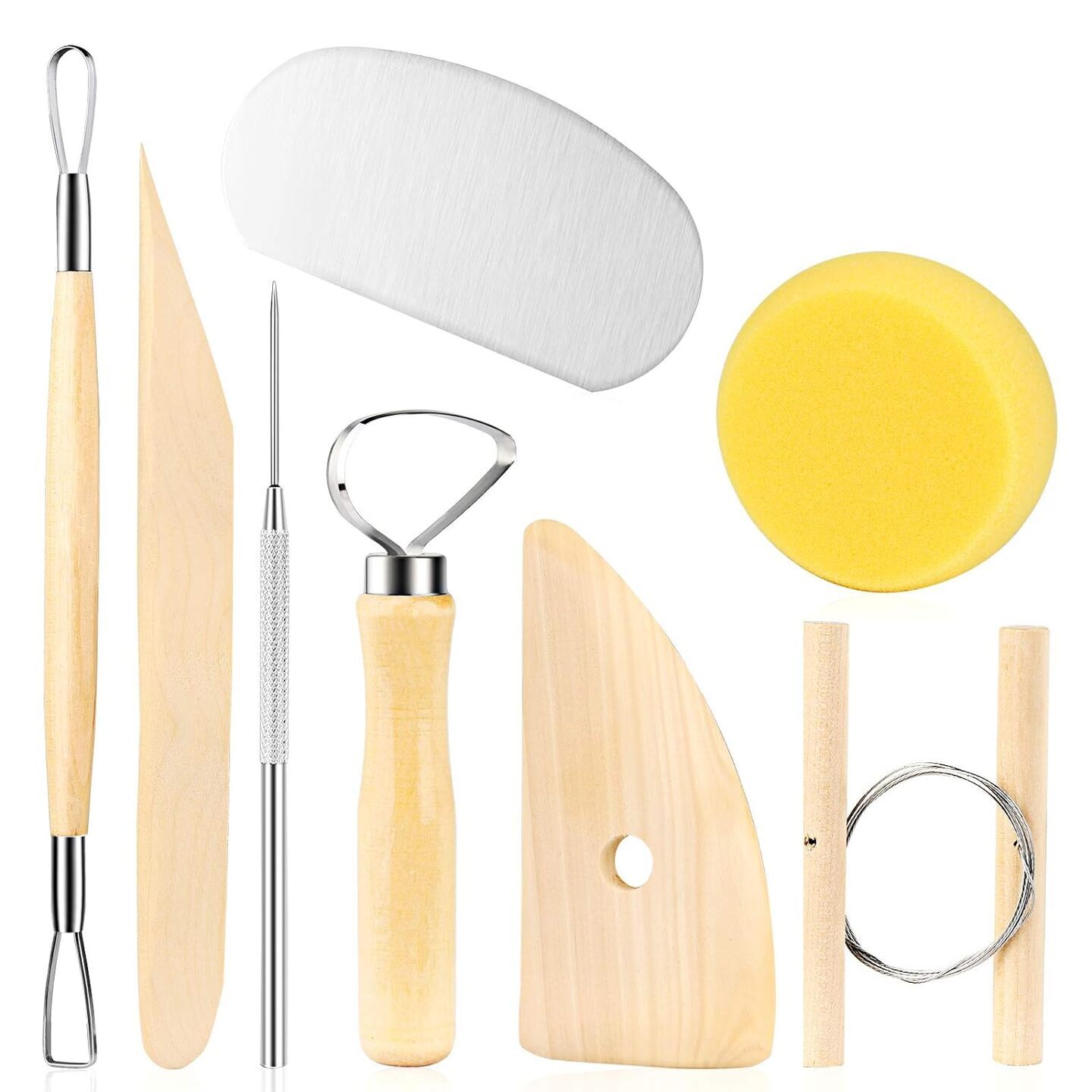 Qatalitic 8 Pcs Wooden Pottery Tool Kit with Sponge, for Sculpting Clay Tool Set, Includes Cutting, Modeling, Trimming, Smoothing, Cleaning, Carving and Shaping Tools