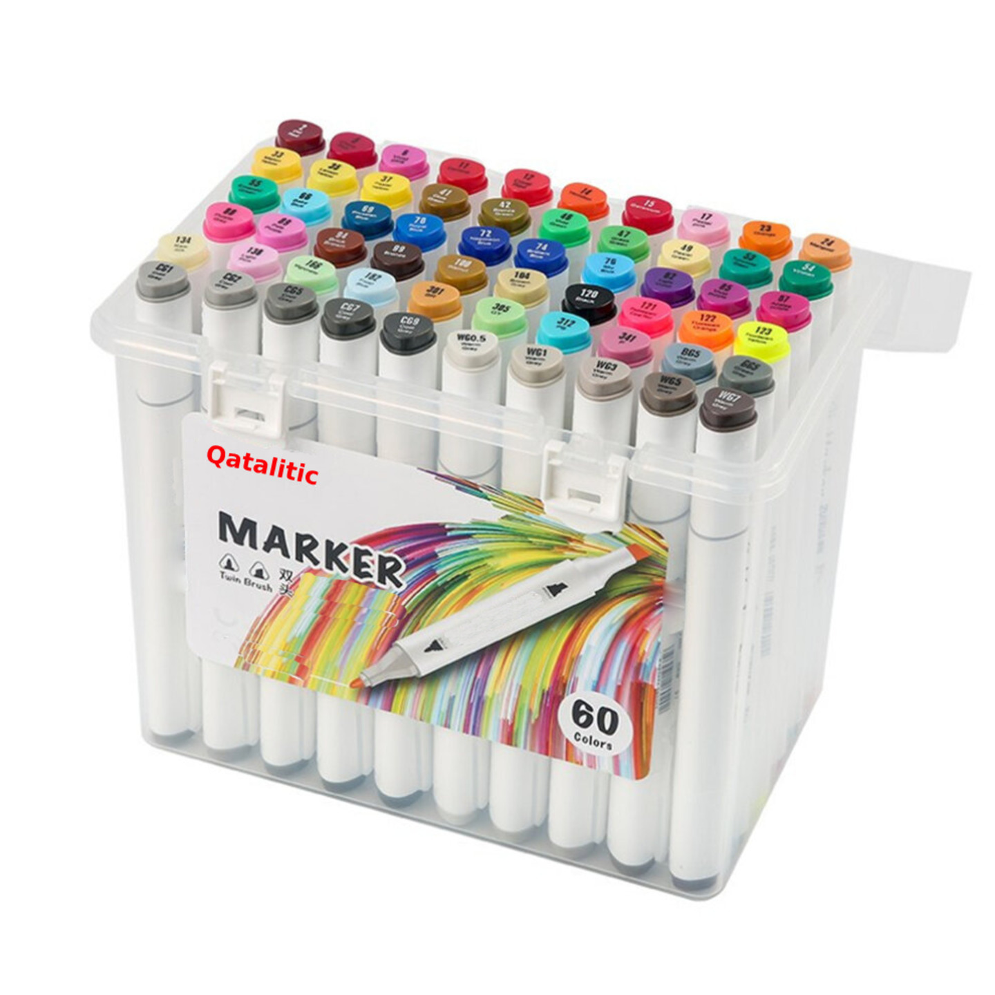 Qatalitic Set of 60 Colours Twin Head Art Markers Pen, Double Tipped Fine and Chisel Alcohol - Based Marker Set with Carrying Plastic Box, For Manga, Art Lovers, Designers And Artists White Body