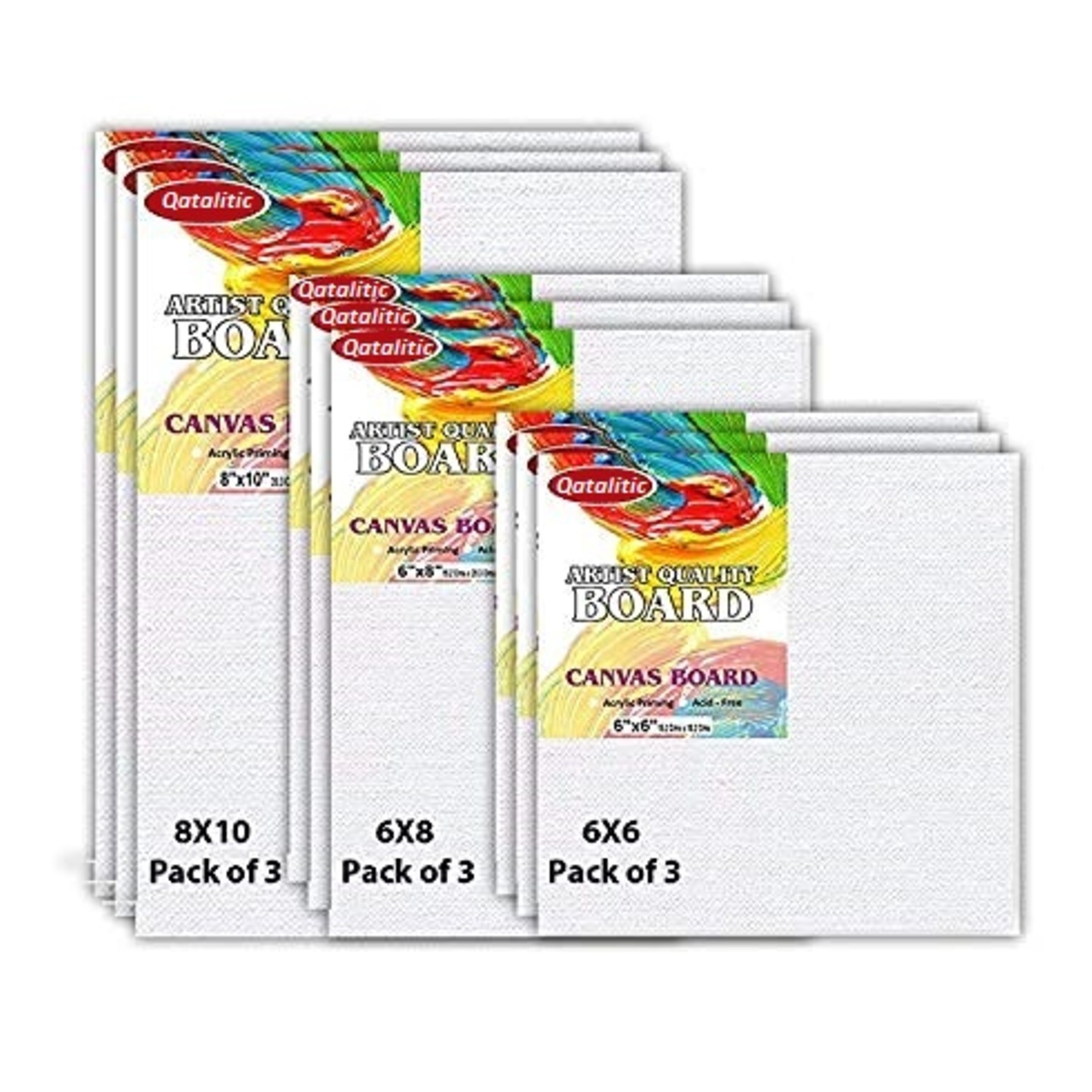 Qatalitic Canvas Cotton Canvas Board Medium Grain 8 X 10, 6X8, 6X6 Combo Pack of 9, White Color