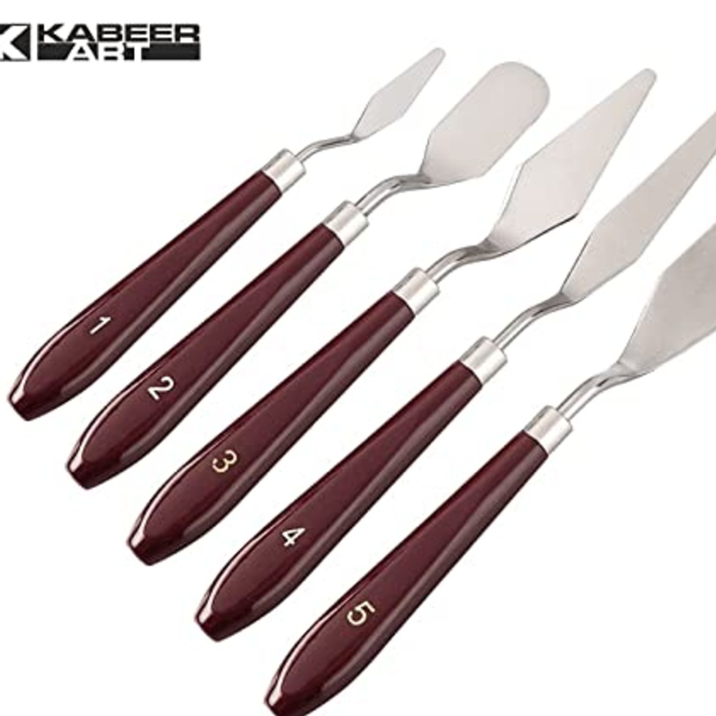 Qatalitic Set of 5 Painting Knives of Various Sizes & Shapes, Stainless Steel Scraper Spatula Polished Brown Handle for Artist Canvas Oil Paint Color Mixing (Sagar2)