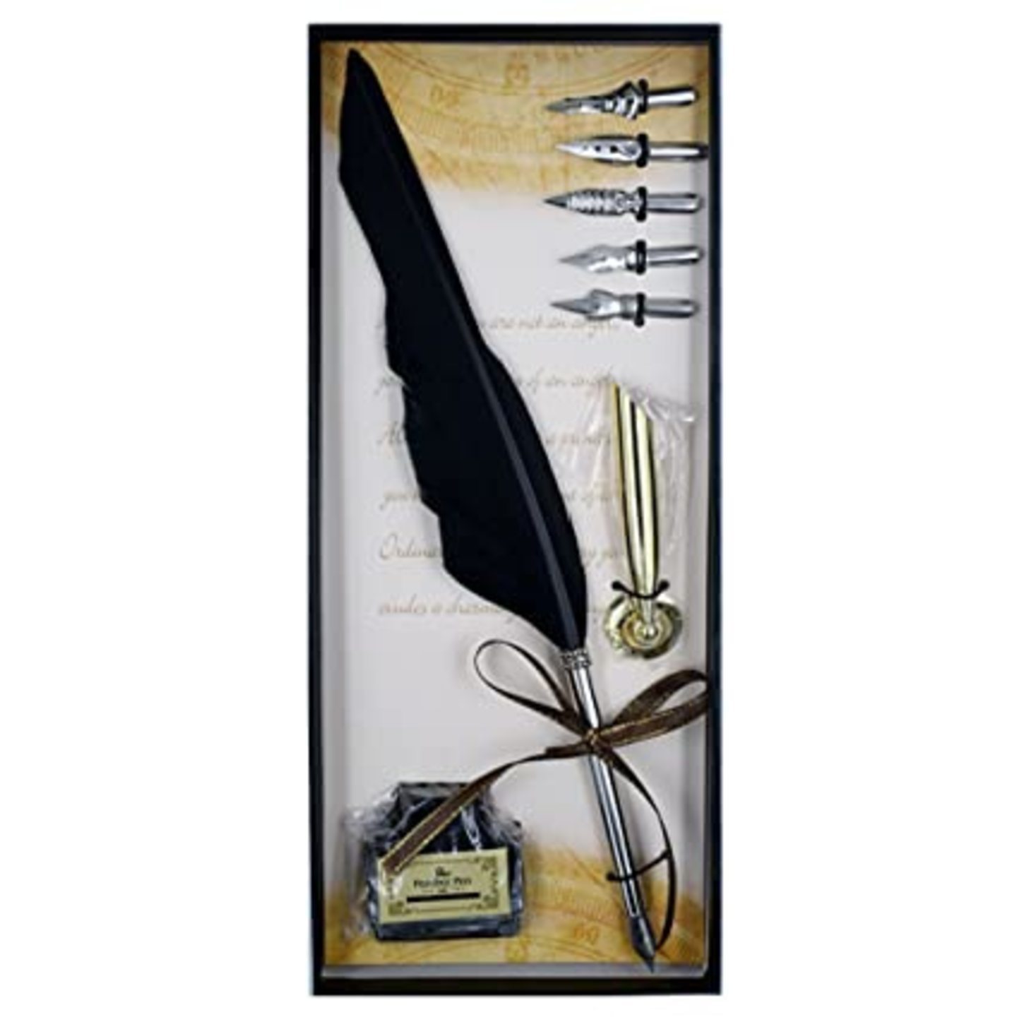 Qatalitic Classic Feather Pen Calligraphy Writing Quill Pen Dip Pen With Ink 5 Replacement Nibs Set for Writing, Drawing, Signatures, Wedding, Birthday Pack Of 1(Assorted Colour)