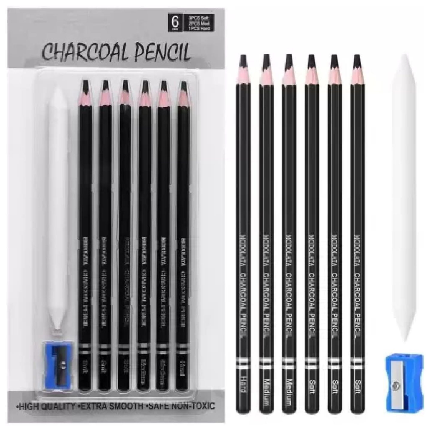 Verixpress 6pcs Artist Charcoal Pencils Drawing Set Soft Medium and Hard Charcoal Pencils