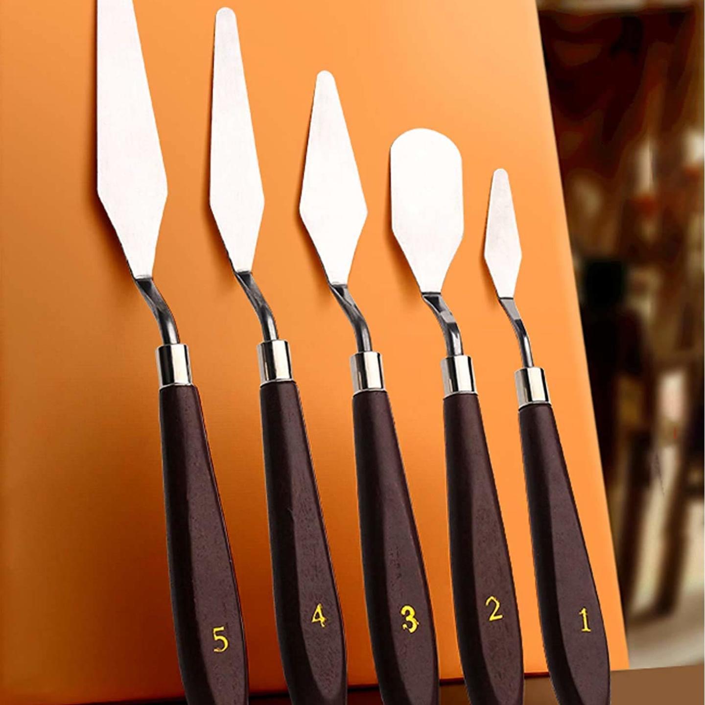 Verixpress  Set of 5 Palette Painting Knives of Various Sizes & Shapes, Stainless Steel Scraper Spatula Polished Brown Handle for Artist Canvas Oil Paint Color Mixing