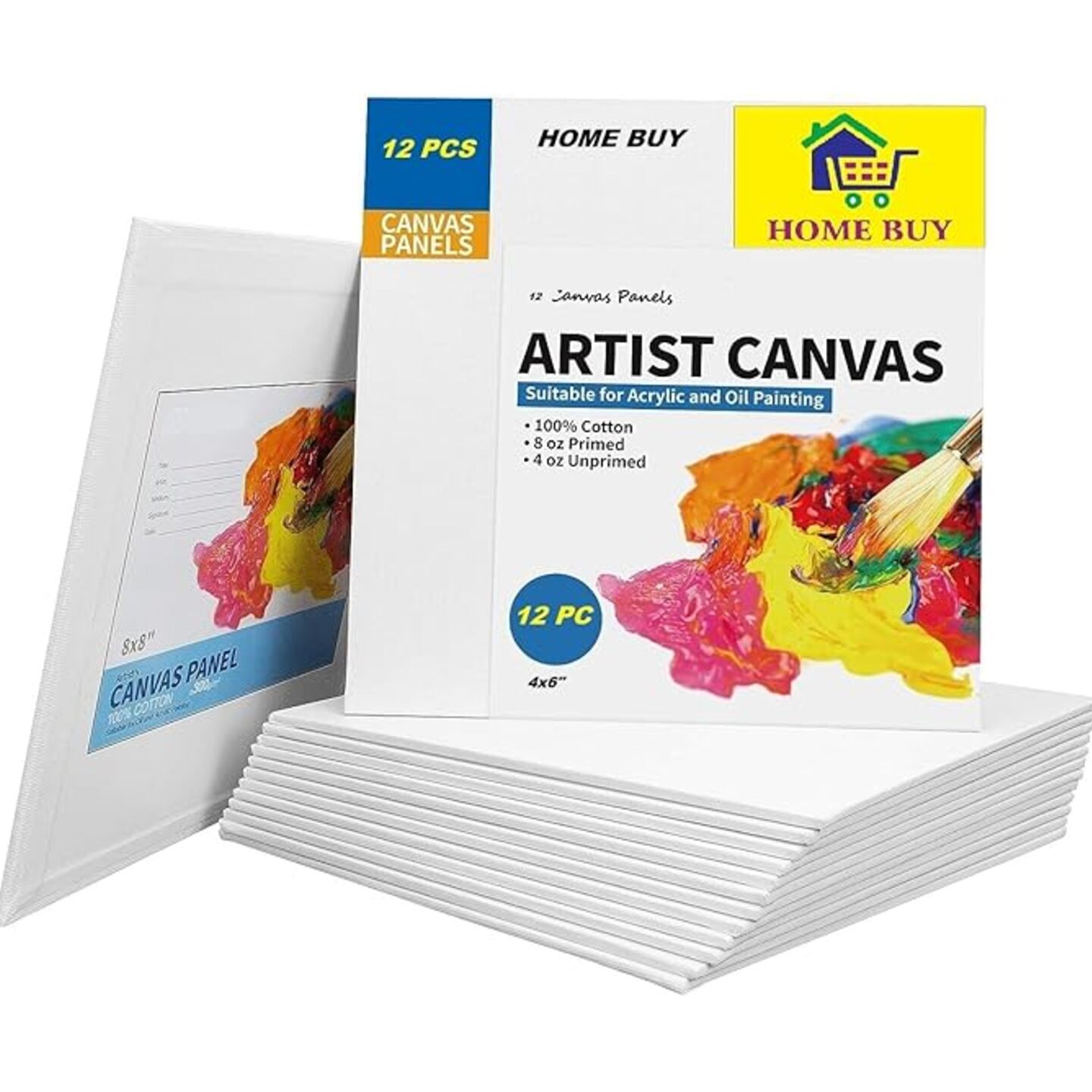 Qatalitic 4 X 6 inch Cotton White Blank Canvas Boards for Painting, Acrylic Paint, Oil Paint Dry & Wet Art Media Pack of 12