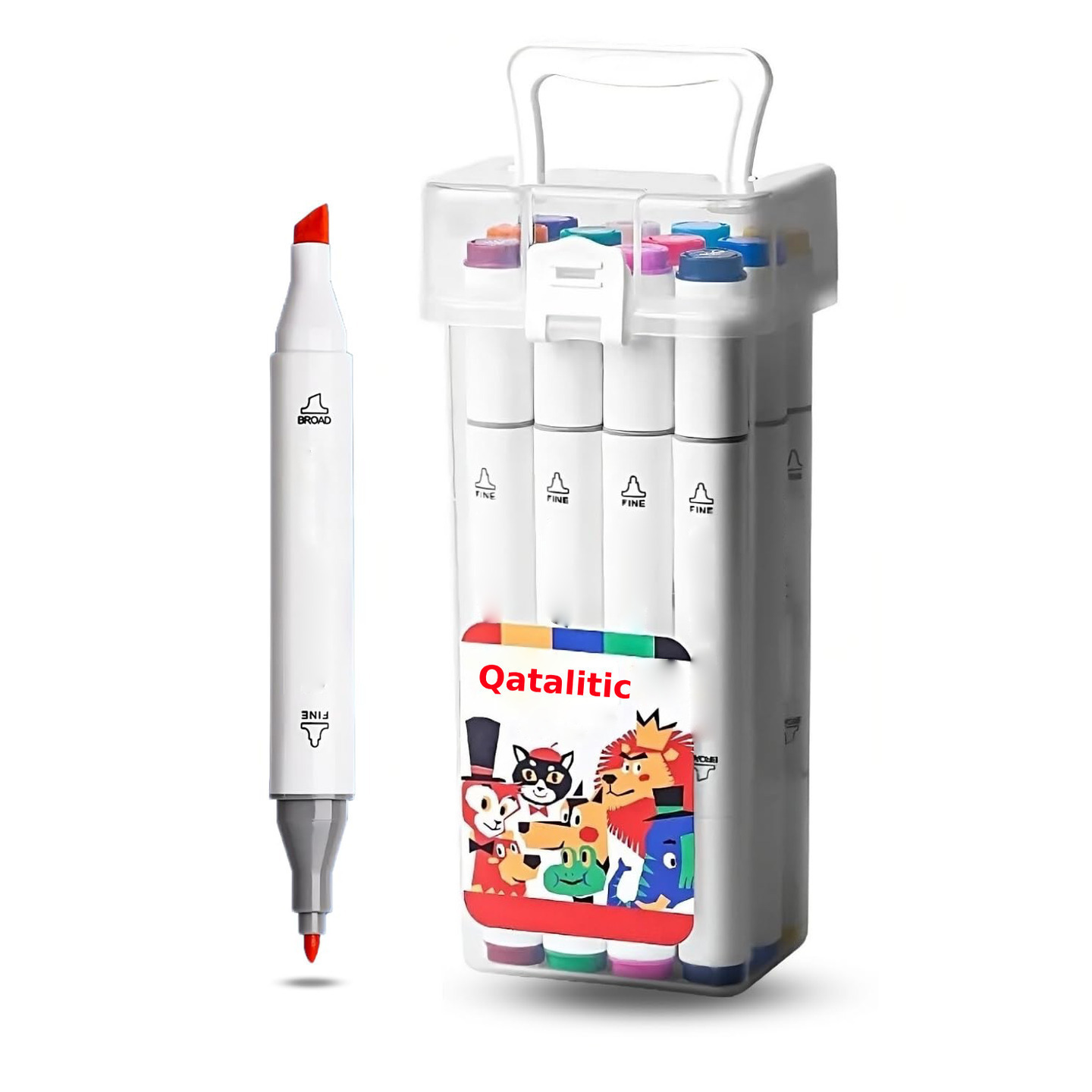 Qatalitic Set of 12 Colours Twin Head Art Markers Pen, Double Tipped (Fine and Chisel) Alcohol - Based Marker Set with Carrying Plastic Box, For Manga, Art Lovers, Designers And Artists (White Body)