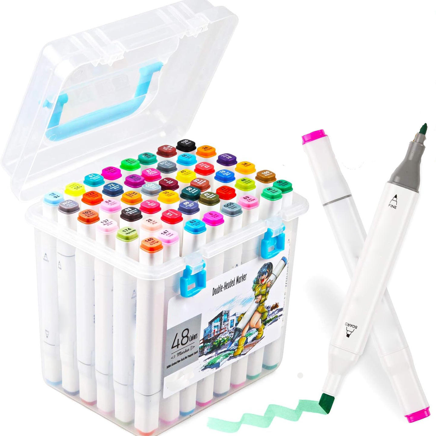 Qatalitic Set of 48 Colours Twin Head Art Markers Pen, Double Tipped Fine and Chisel Alcohol - Based Marker Set with Carrying Plastic Box, For Manga, Art Lovers, Designers And Artists White Body