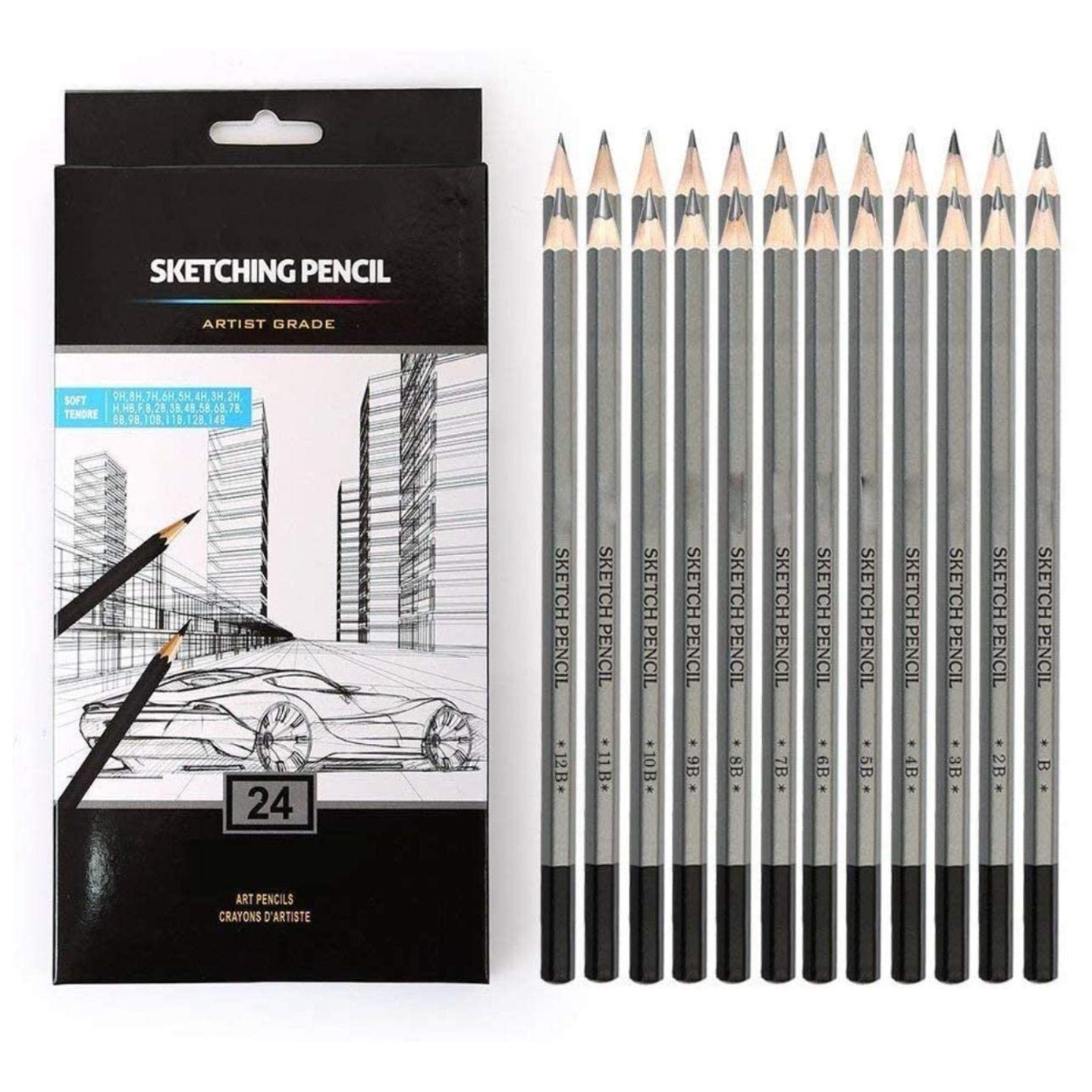 Qatalitic 24 Pcs Professional Sketching and Drawing Art Pencils,with Graphite, Charcoal, Paper Erasable Pencil,  Contains 9H , 8H , 7H , 6H , 5H , 4H 3H , 2H , H , HB , F , B , 2B , 3B , 4B , 5B , 6B , 7B , 8B , 9B , 10B , 11B , 12B , 14B