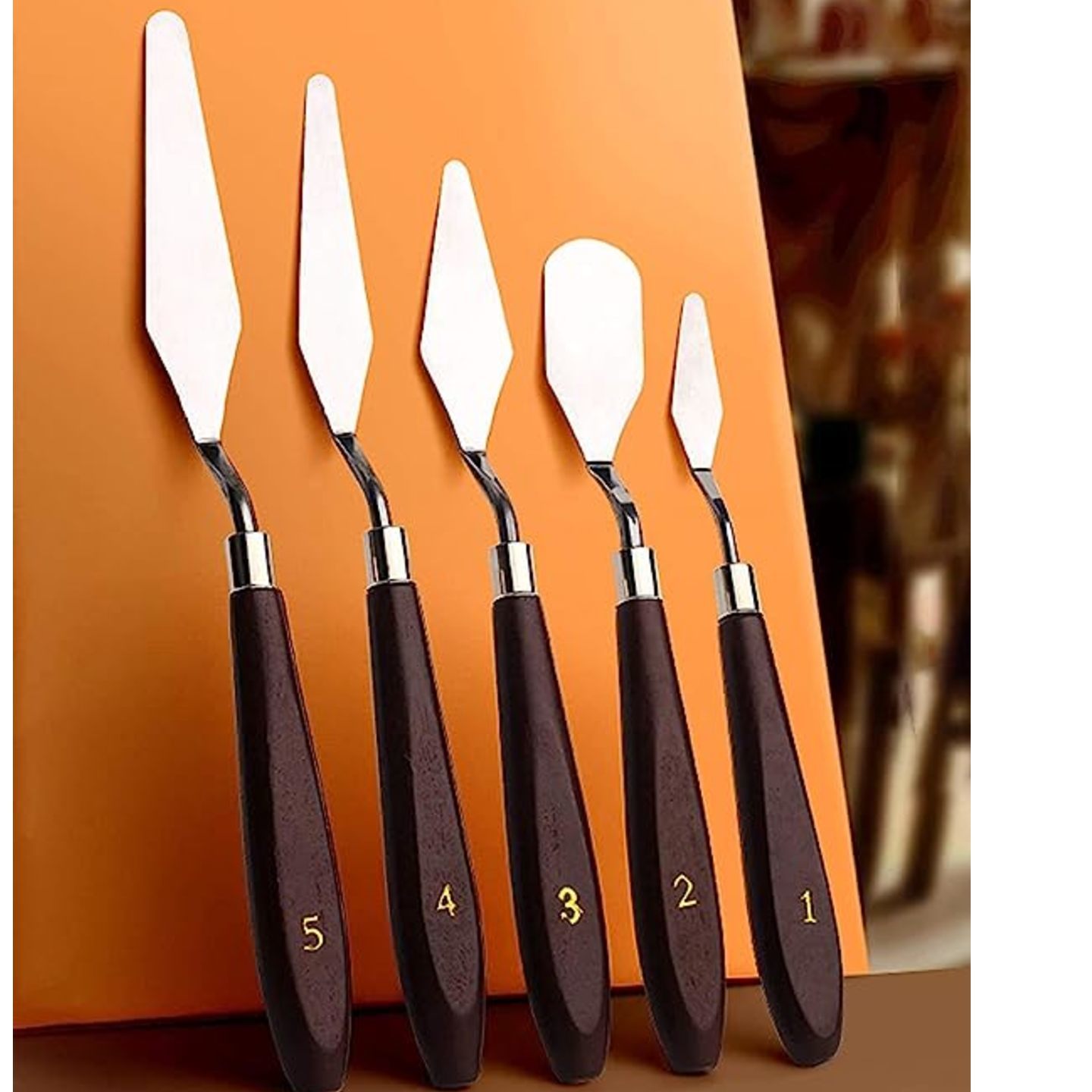 B085WVL1TH Veriexpress,  Set of 5 Palette Painting Knives of Various Sizes & Shapes, Stainless Steel Scraper Spatula Polished Brown Handle for Artist Canvas Oil Paint Color Mixing
