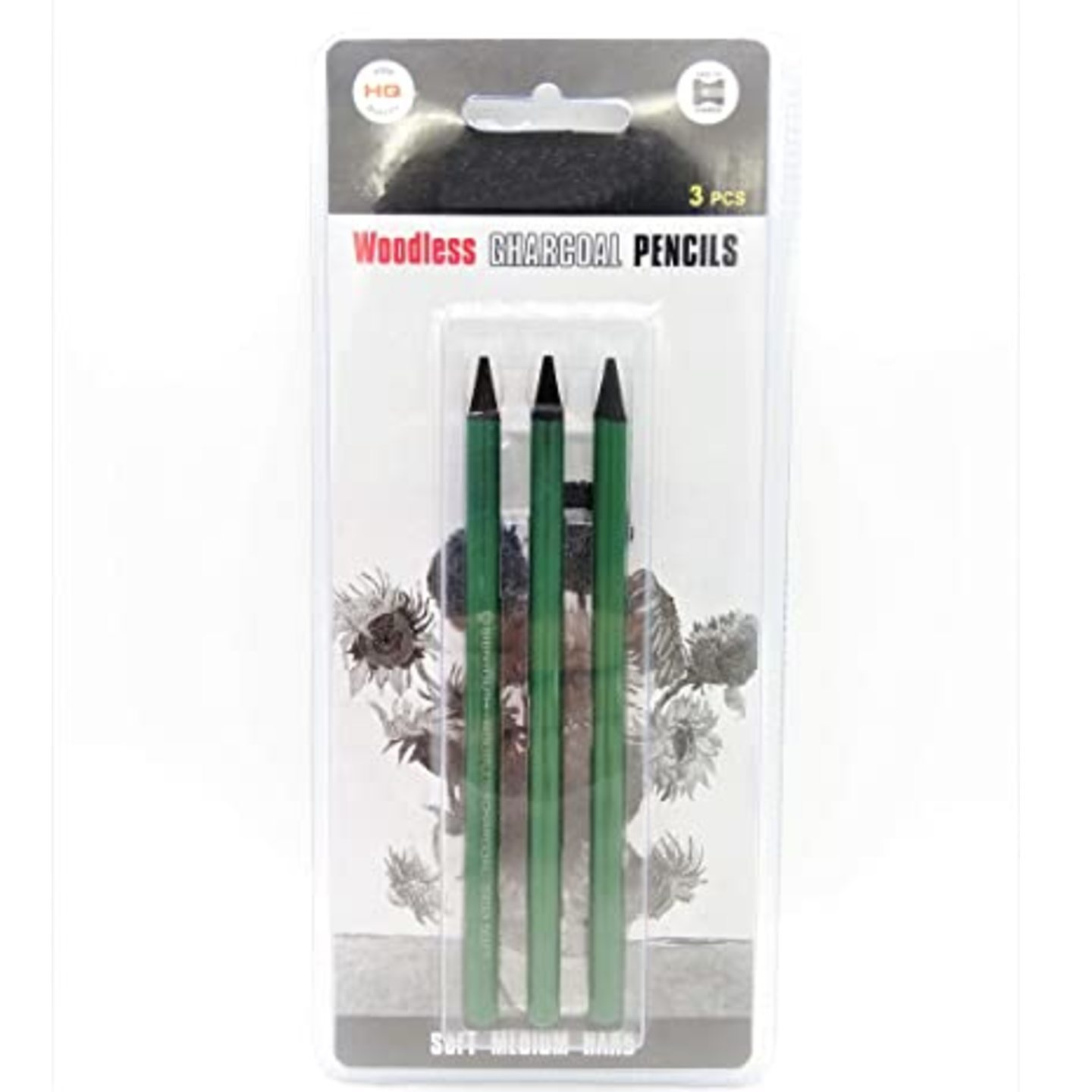 Qatalitic Woodless Charcoal Pencil - Hard Medium and Soft (Pack of 3) and One Kneadable Eraser for Charcoal and Pastel Pencils; Ideal Drawing set for Students, Professionals, Artists