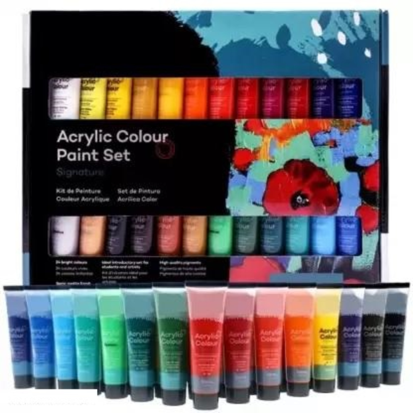 Qatalitic Acrylic Paint Set 24 Colours, 36 ml Tubes for Canvas, Fabric, Wood, Rocks, MDF, Leather, Plaster, Cardboard, Metal, Paper and Crafts, Multicolour