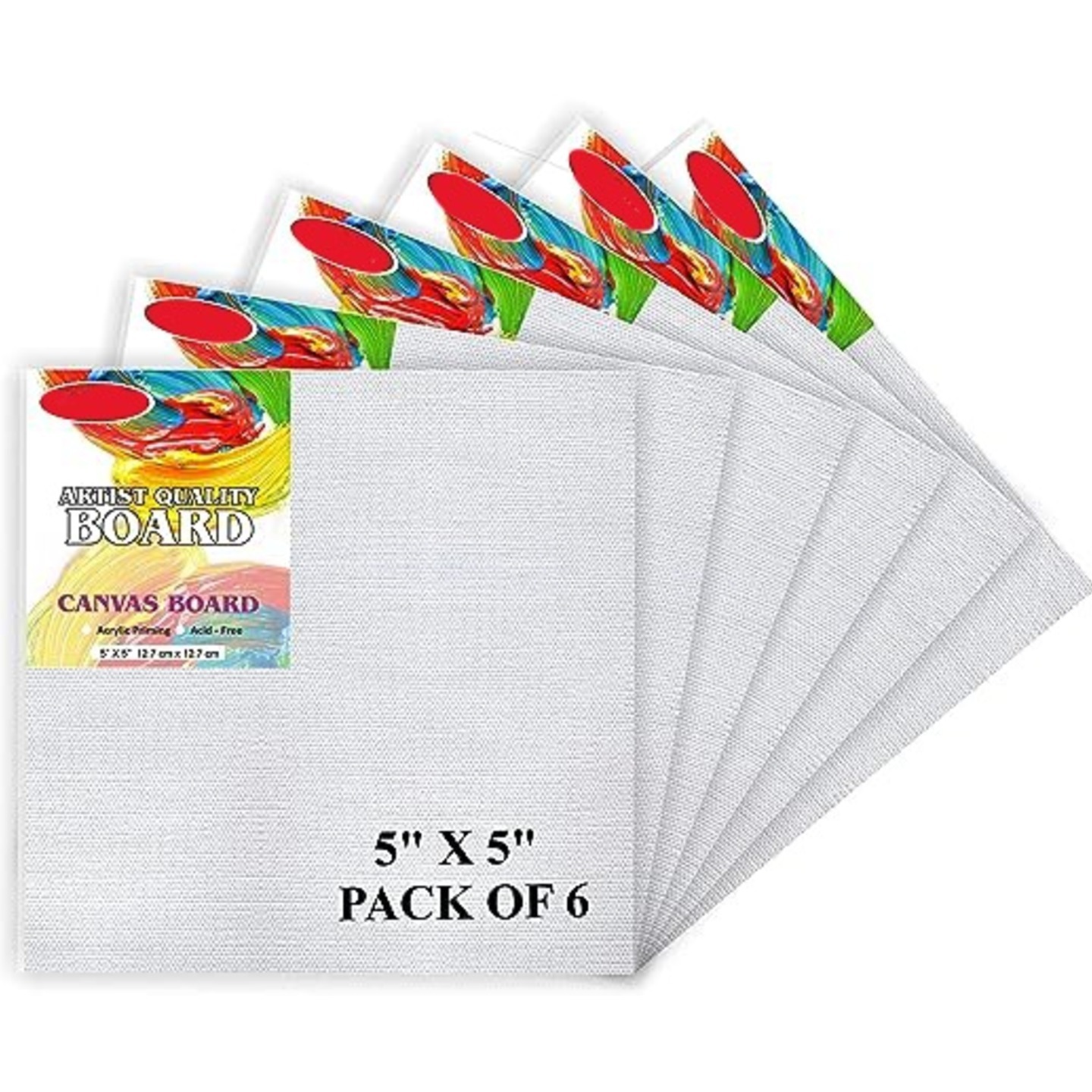 Qatalitic Set of 6 pc. 5 x 5 inch Canvas Board, 100 Cotton, Acid Free, Blank White Mini Canvases for Oil, Acrylic & Watercolour Paint