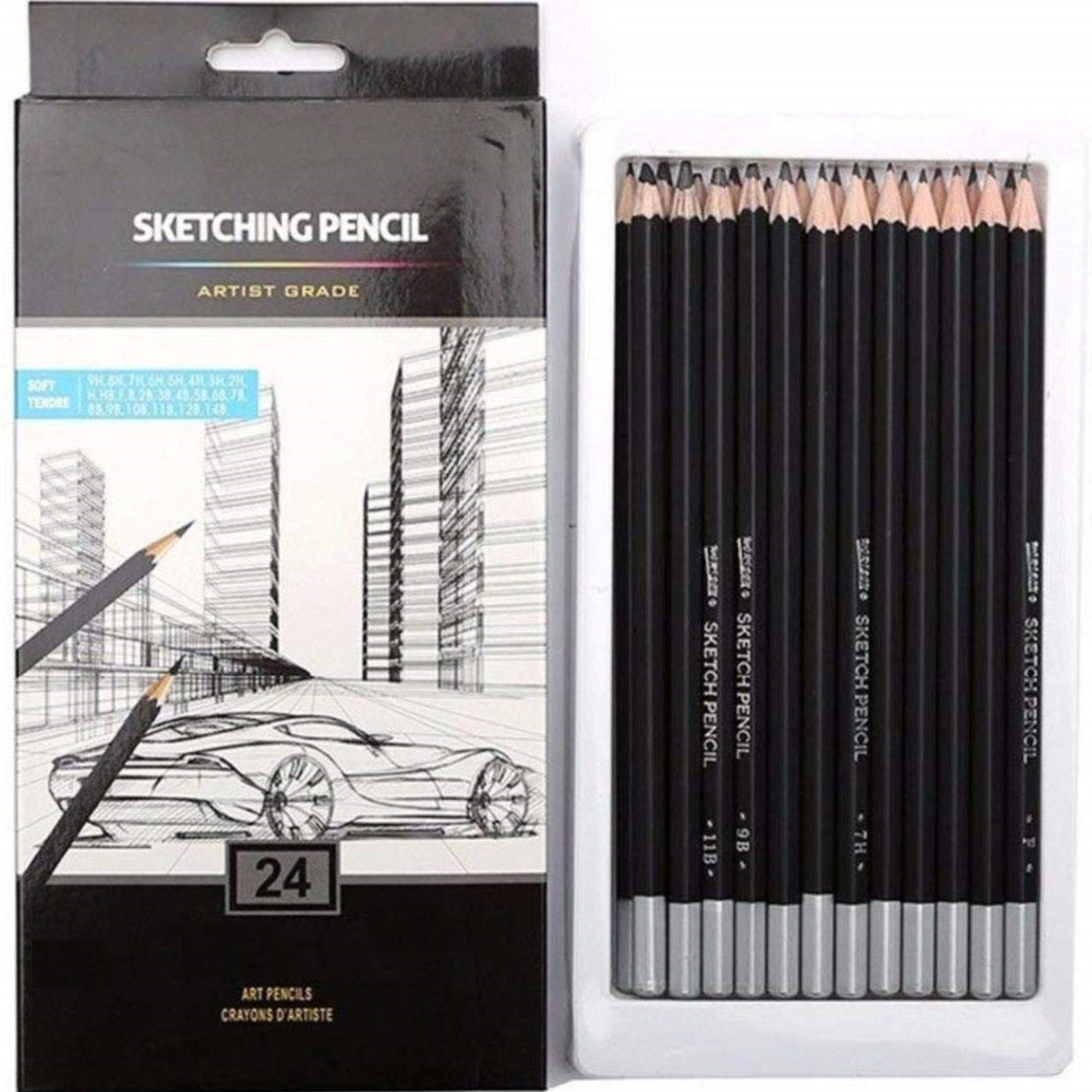 Qatalitic 24 Pcs Professional Sketching and Drawing Art Pencils,with Graphite, Charcoal, Paper Erasable Pencil, ( Contains 9H , 8H , 7H , 6H , 5H , 4H 3H , 2H , H , HB , F , B , 2B , 3B , 4B , 5B , 6B , 7B , 8B , 9B , 10B , 11B , 12B , 14B )