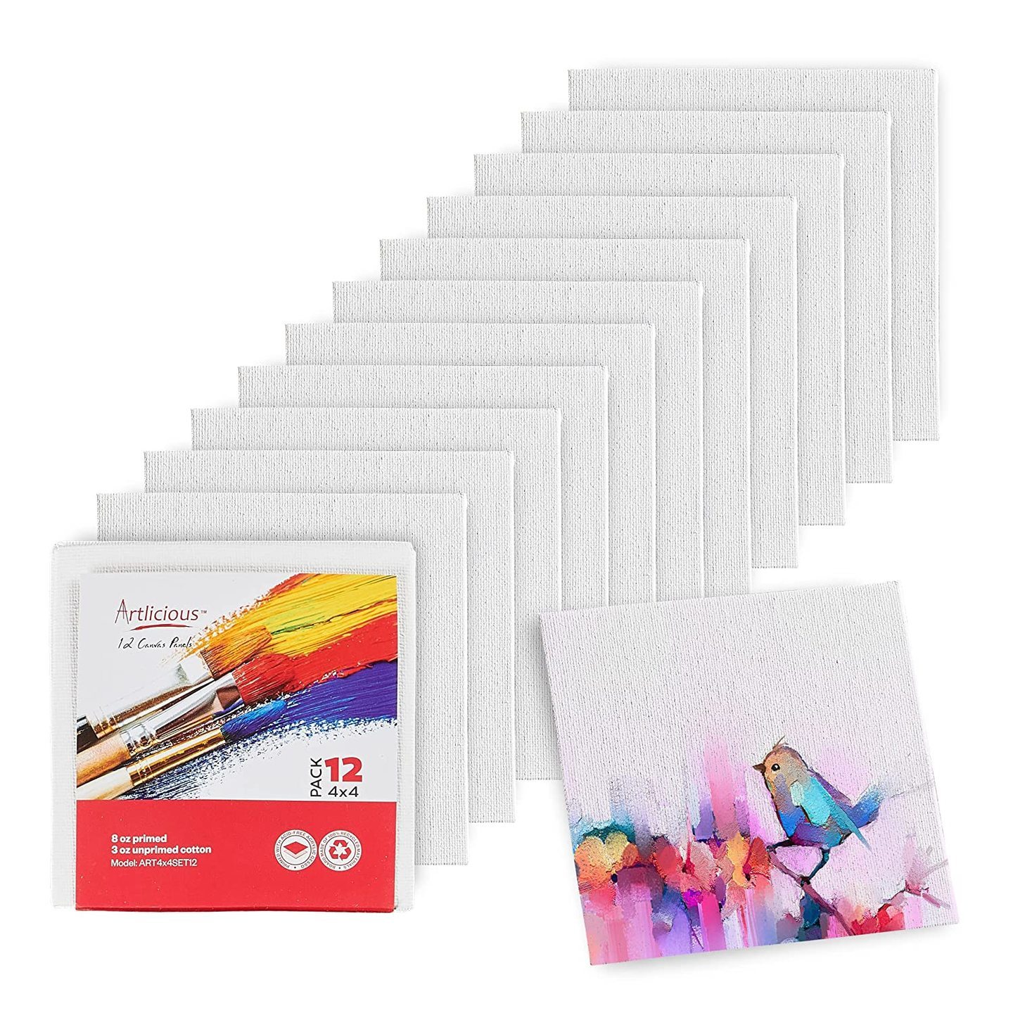 Qatalitic Canvases for Painting- Pack of 12, 8x8 Inch Blank White Canvas Boards -100 Cotton Art Panels for Oil, Acrylic & Watercolor Paint
