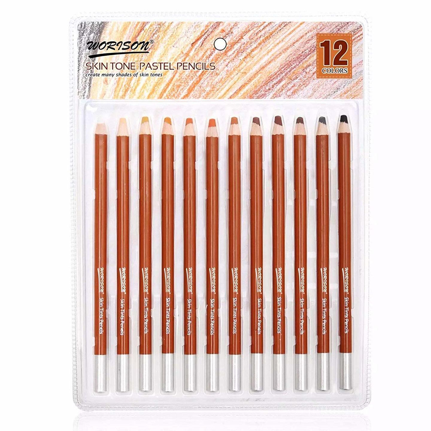 Qatalitic 12 Pcs Professional Soft Pastel Pencils Wood Skin Tints Set For Poartrait Drawing