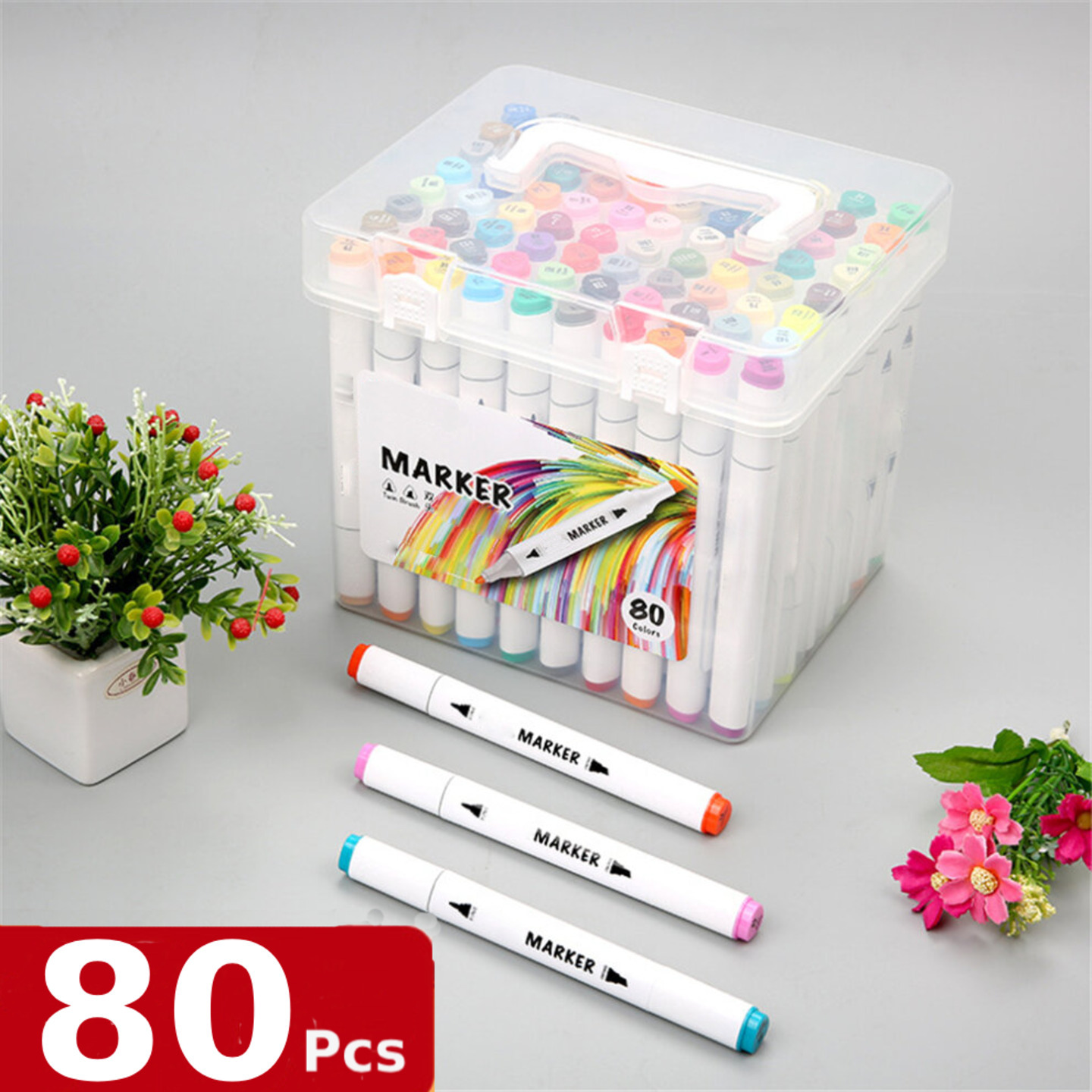 Qatalitic Set of 80 Colours Twin Head Art Markers Pen, Double Tipped (Fine and Chisel) Alcohol - Based Marker Set with Carrying Plastic Box, For Manga, Art Lovers, Designers And Artists (White Body)