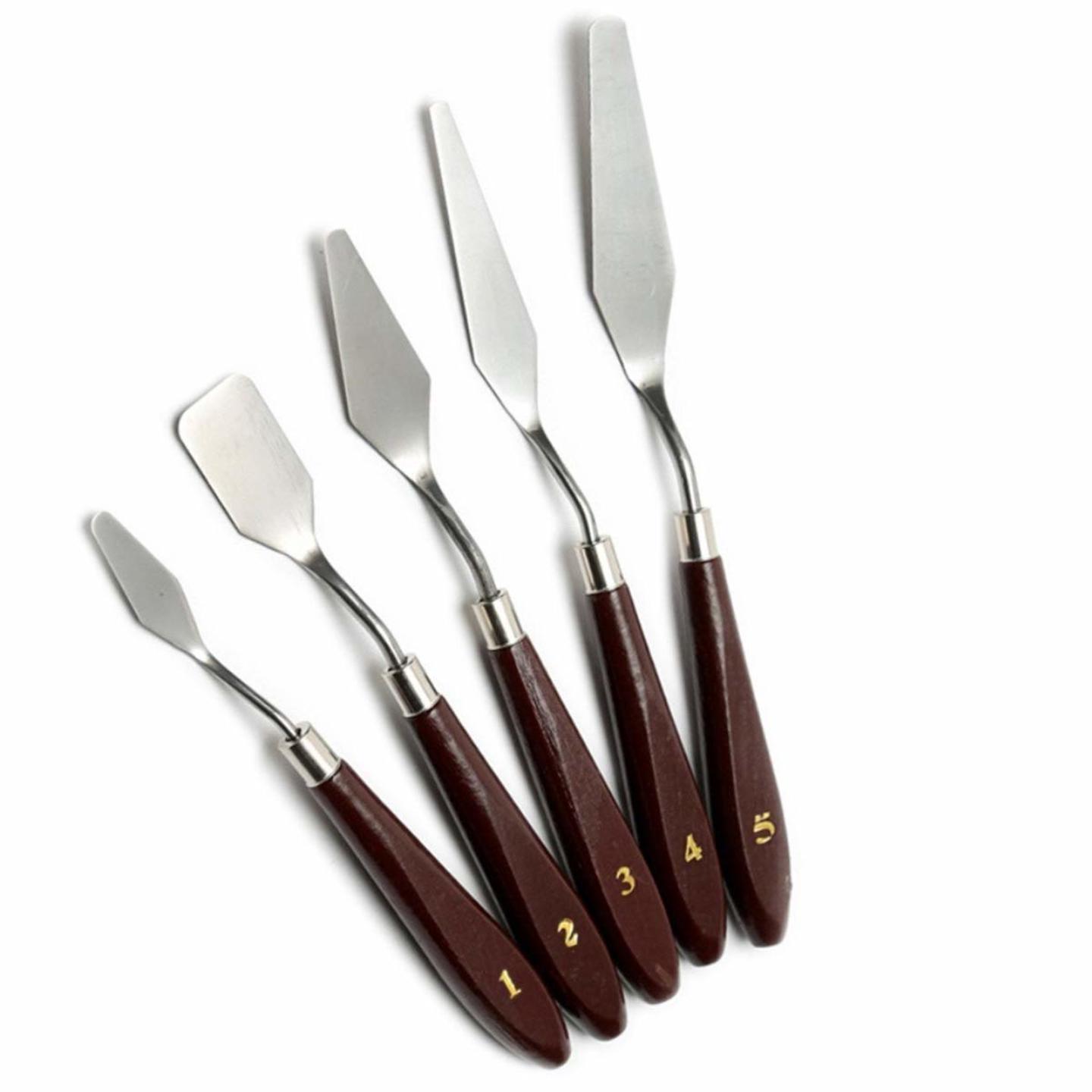 Qatalitic Set of 5 Palette Painting Knives Stainless Steel Scraper Spatula Polished Red Brown Wood Handle for Artist Canvas Oil Paint Color Mixing