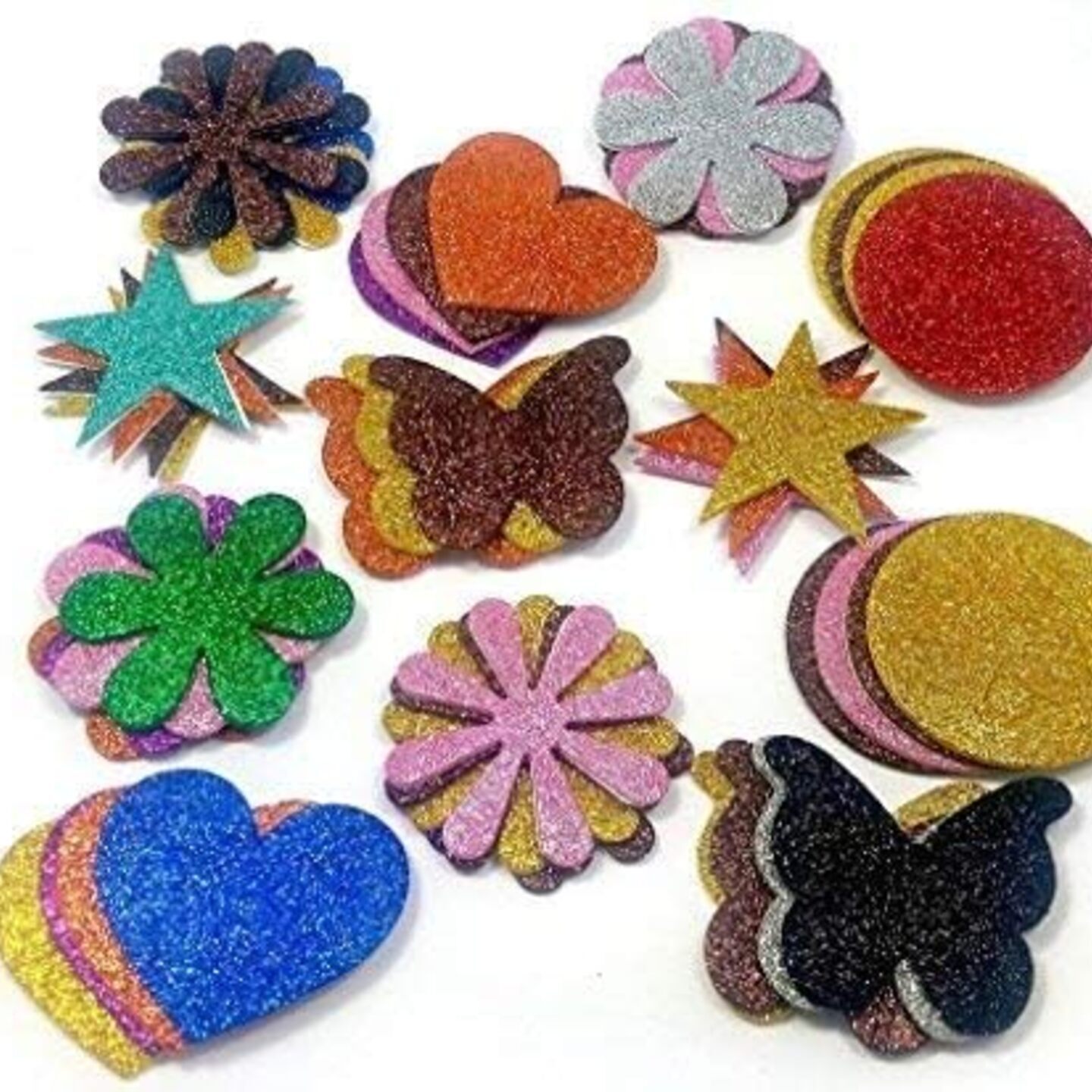 Qatalitic Glitter Foam Self Adhesive Stickers - Pack of 50 | Mixed Shapes for Creative Fun | Easy to Peel and Stick