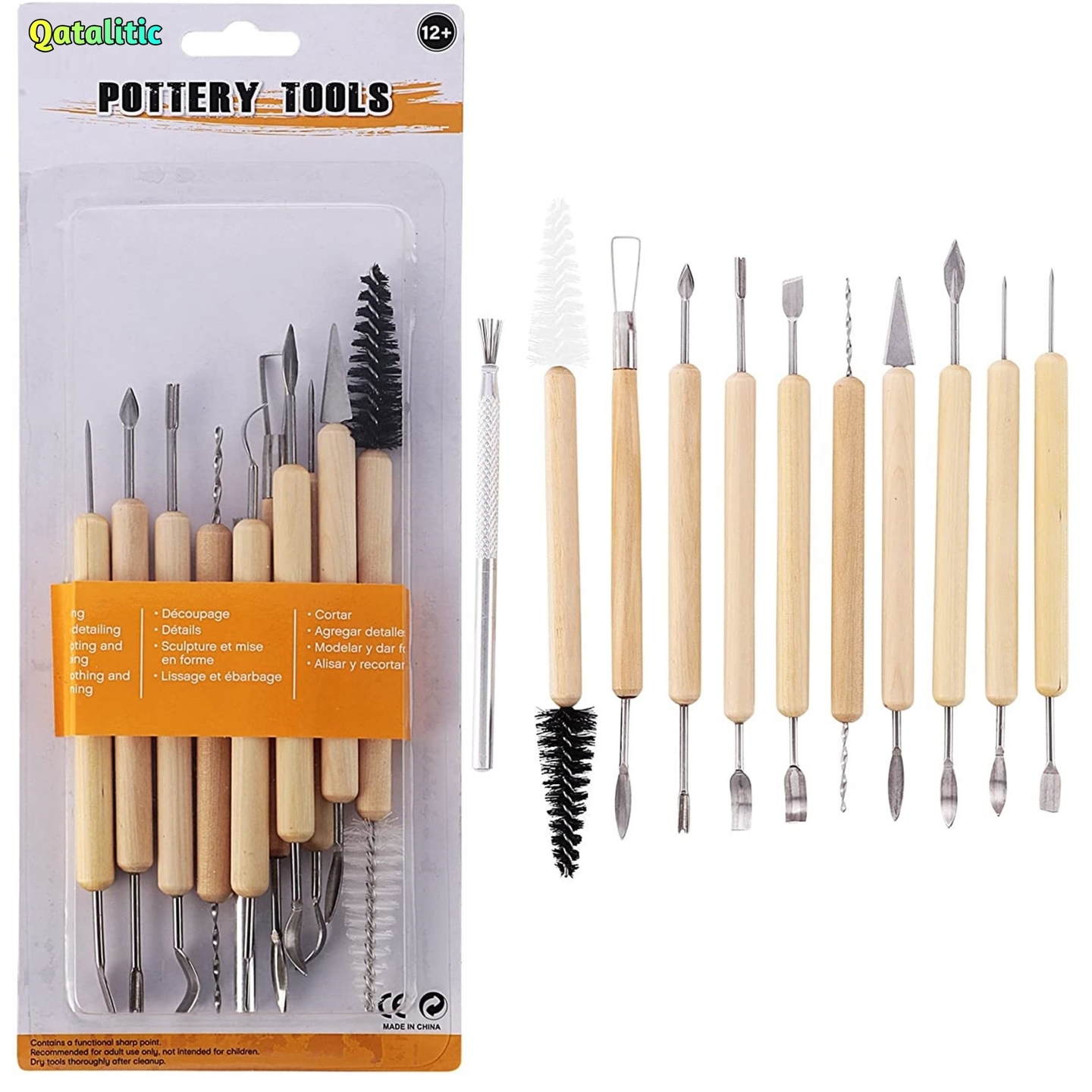 Qatalitic ART Ceramic 11 Pcs Wooden Handle Clay Pottery Sculpting Tools