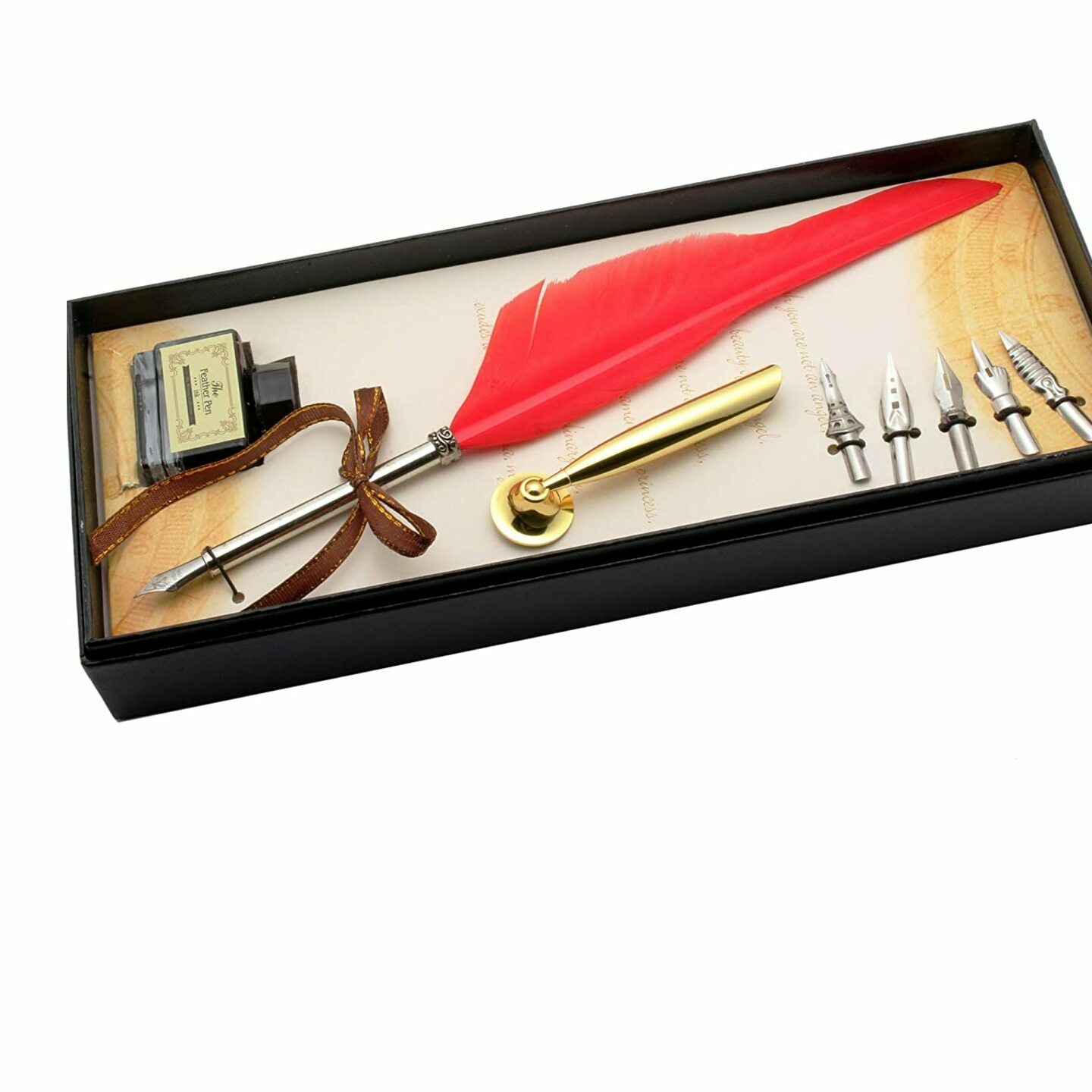 Qatalitic Dipping Series Feather Calligraphy Fountain Pen Set With Ink Bottle, Pen Stand, 5 extra flex nibs  Writing Ink Set Stationery  Replacement Nibs  Vintage Signature Pen  Luxury Birthday Gift for Student, Friends, Family Members & Teachers Friends