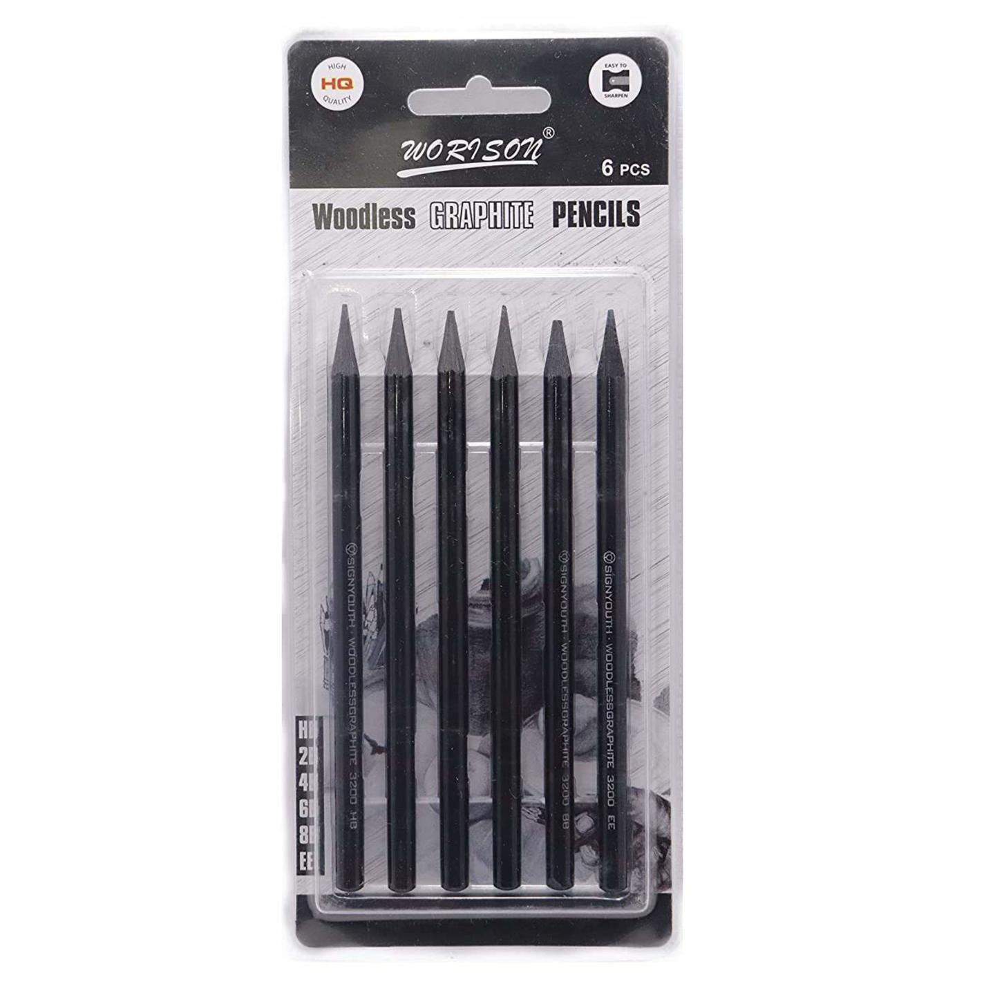 Qatalitic Woodless Graphite Pencils 6 Pcs (HB, 2B, 4B, 6B, 8B and EE), Suitable for Sketching, Drawing and Shading Coloring