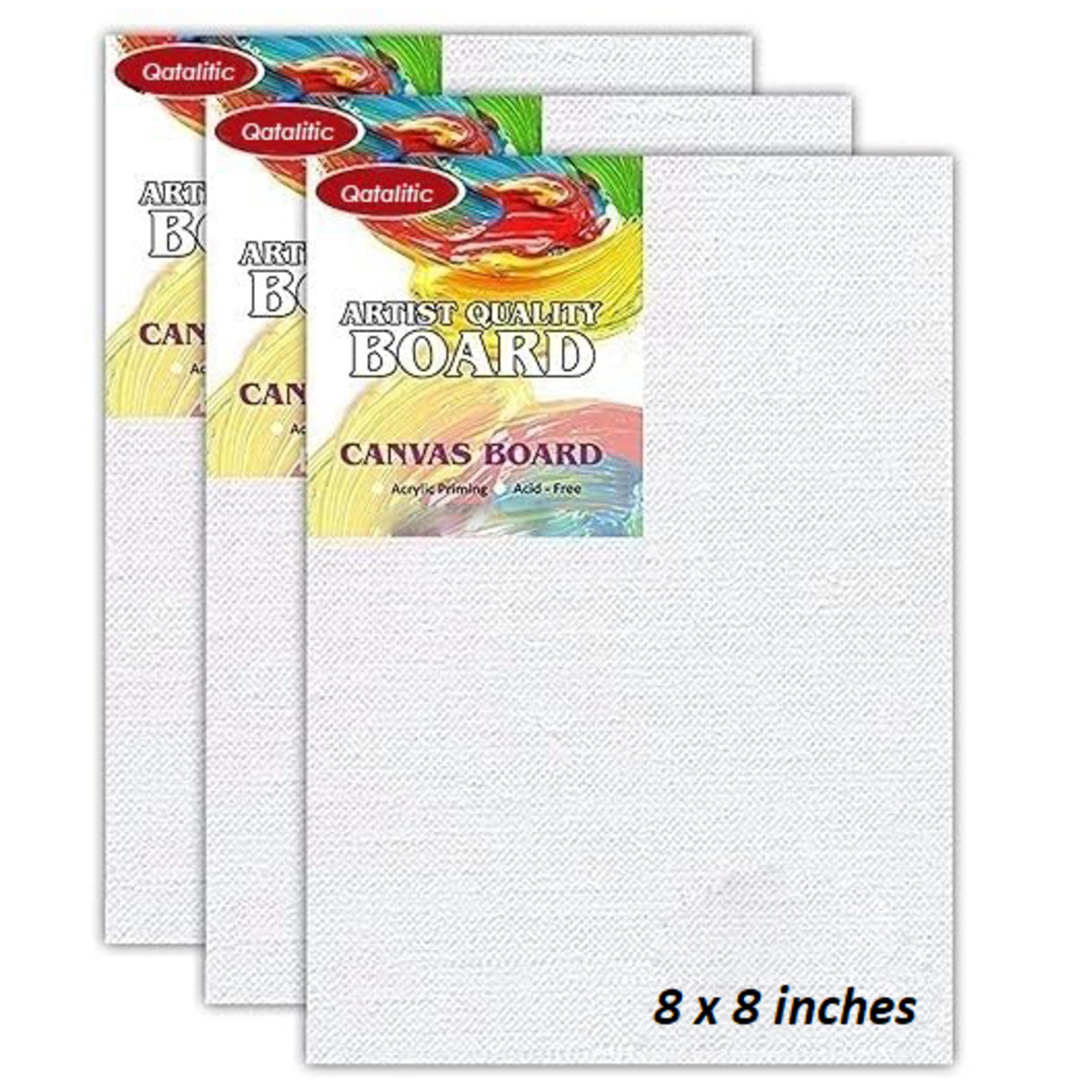 Qatalitic Set of 3 pc. 8 x 8 inch Canvas Board, 100% Cotton, Acid Free, Blank White Mini Canvases for Oil, Acrylic & Watercolour Paint