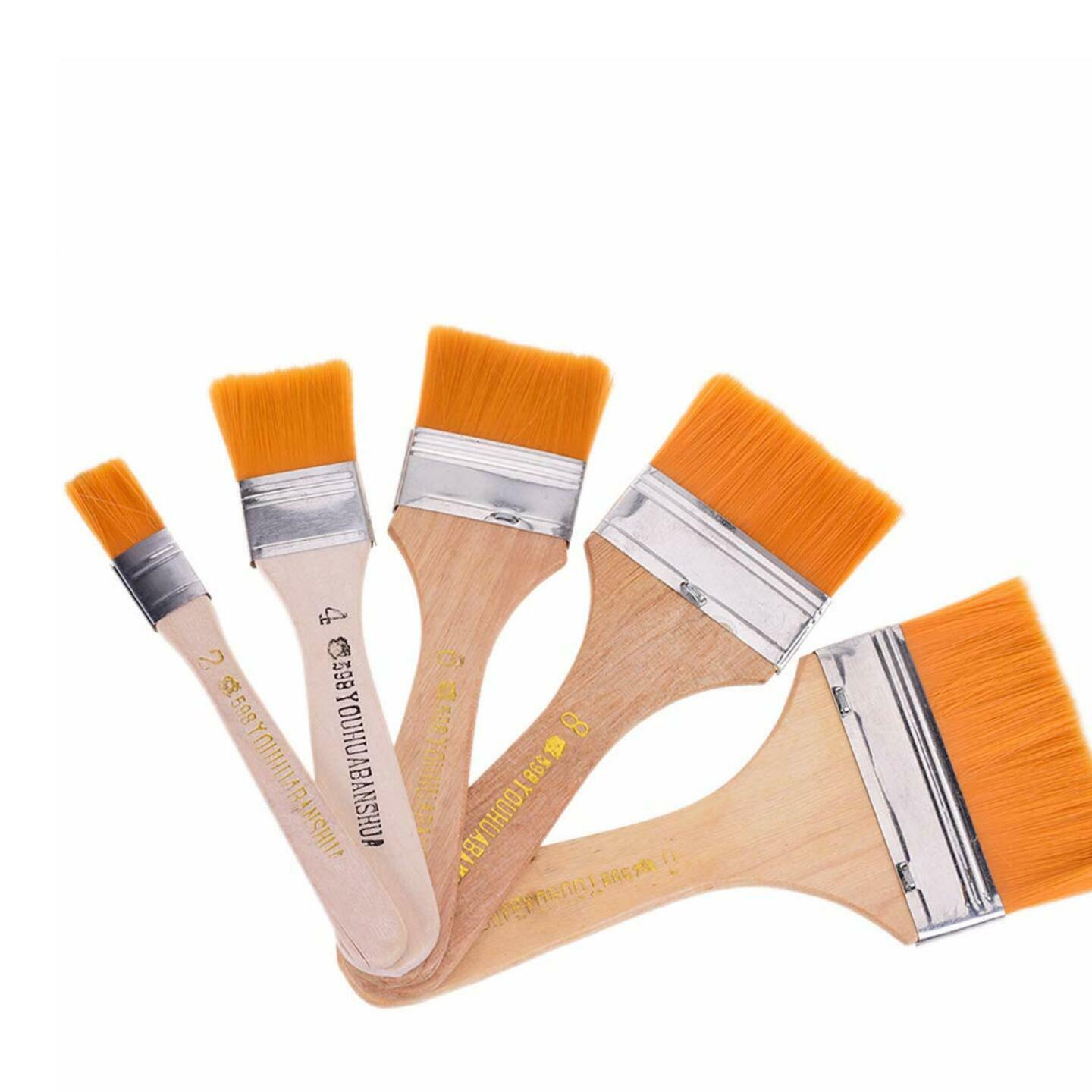 Qatalitic Wooden Handle Flat Utility Paint Brush Set of 5  Paint Brushes for Acrylic,Watercolor, Gouache & Oil Painting  Canvas Painting, Wall Painting and Cleaning Delicate Items  Flat Brushes for Painting