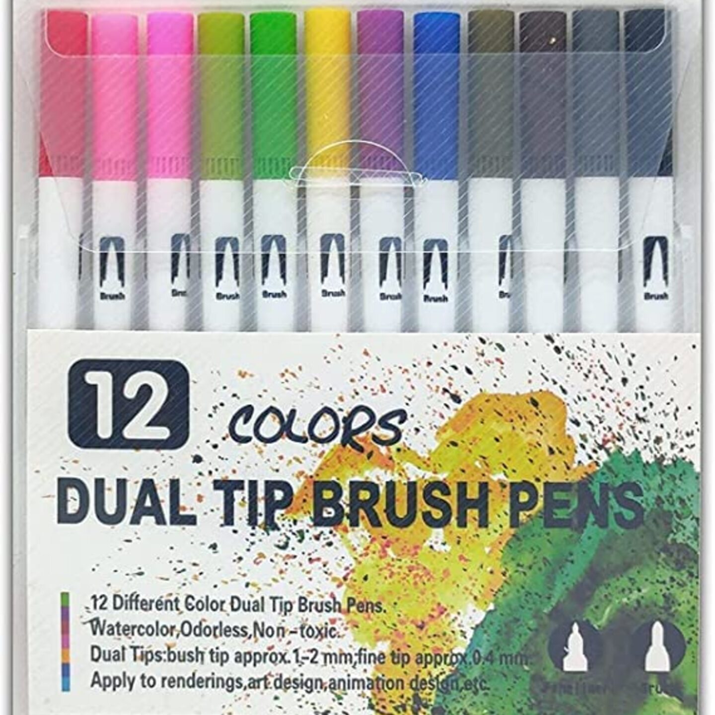 Qatalitic Set of 12 Dual Tip Brush Marker Pens, Brush Tip with Fine Liner 0.4 mm and Markers Pen with 1-2 mm Tip, Double Ended Painting Pen, Water Based Highlighter, Used for Drawing, Sketching, Mandala, Calligraphy