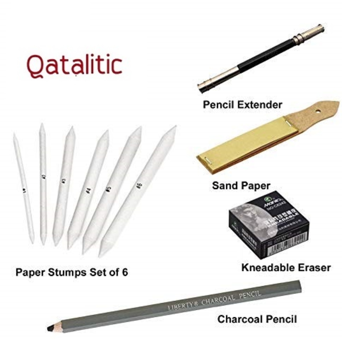 Qatalitic Paper Stumps for Blending with Pencil Extender,Charcoal Pencil, Kneadable Art Eraser & Sand Paper