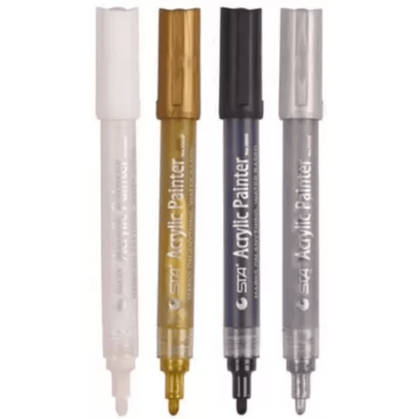 Qatalitic Set of 4 Acrylic Paint Marker Pens - Perfect for DIY Crafts on Various Surfaces Including Glass, Ceramic, Metal, and More(Black, White ,Silver and Gold)