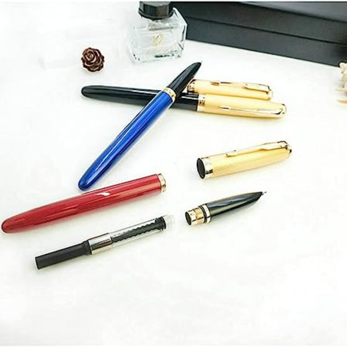 Qatalitic Golden Metal Fountain Pen Set of 3 Extra Fine Tip For Office and Schools Calligraphy Pen