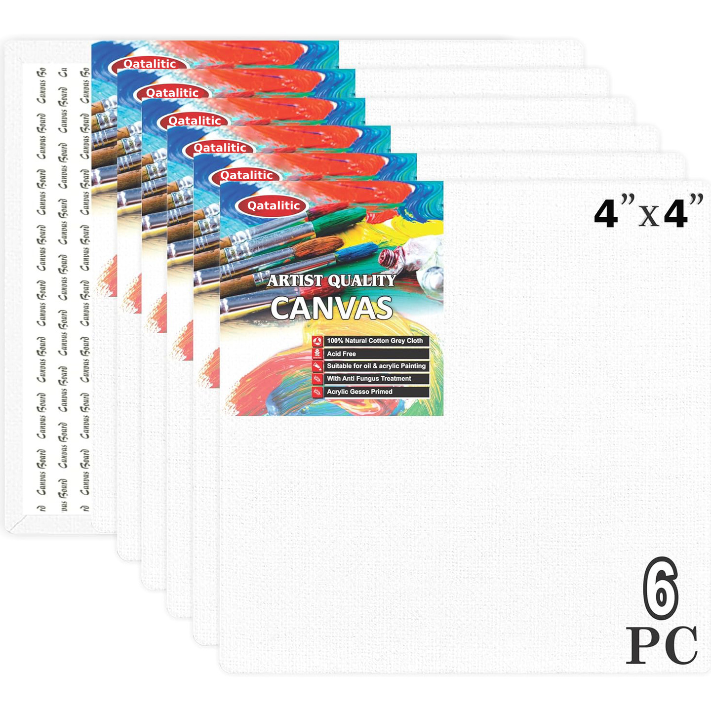 Qatalitic Set of 6 pc. 4 x 4 inch Canvas Board, 100% Cotton, Acid Free, Blank White Mini Canvases for Oil, Acrylic & Watercolour Paint