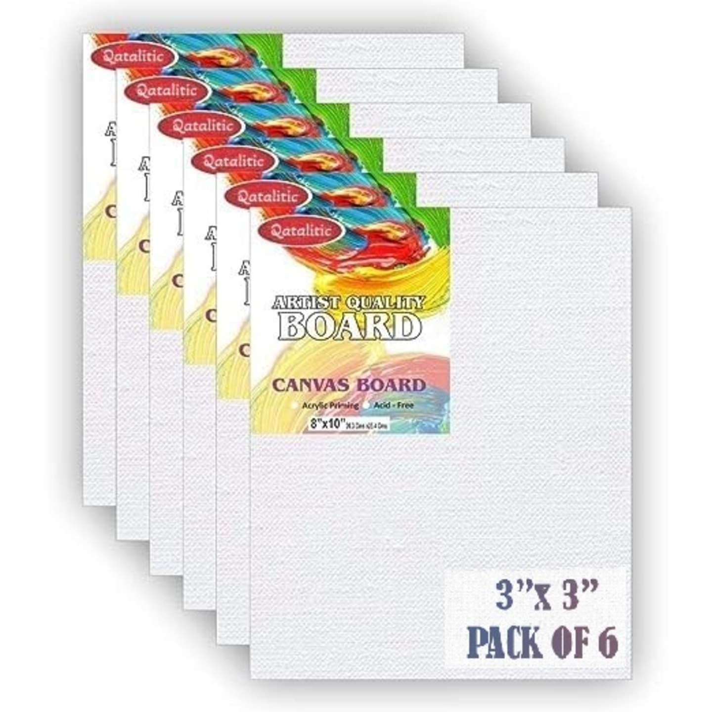 Qatalitic Set of 6 pc. 3 x 3 inch Canvas Board, 100% Cotton, Acid Free, Blank White Mini Canvases for Oil, Acrylic & Watercolour Paint