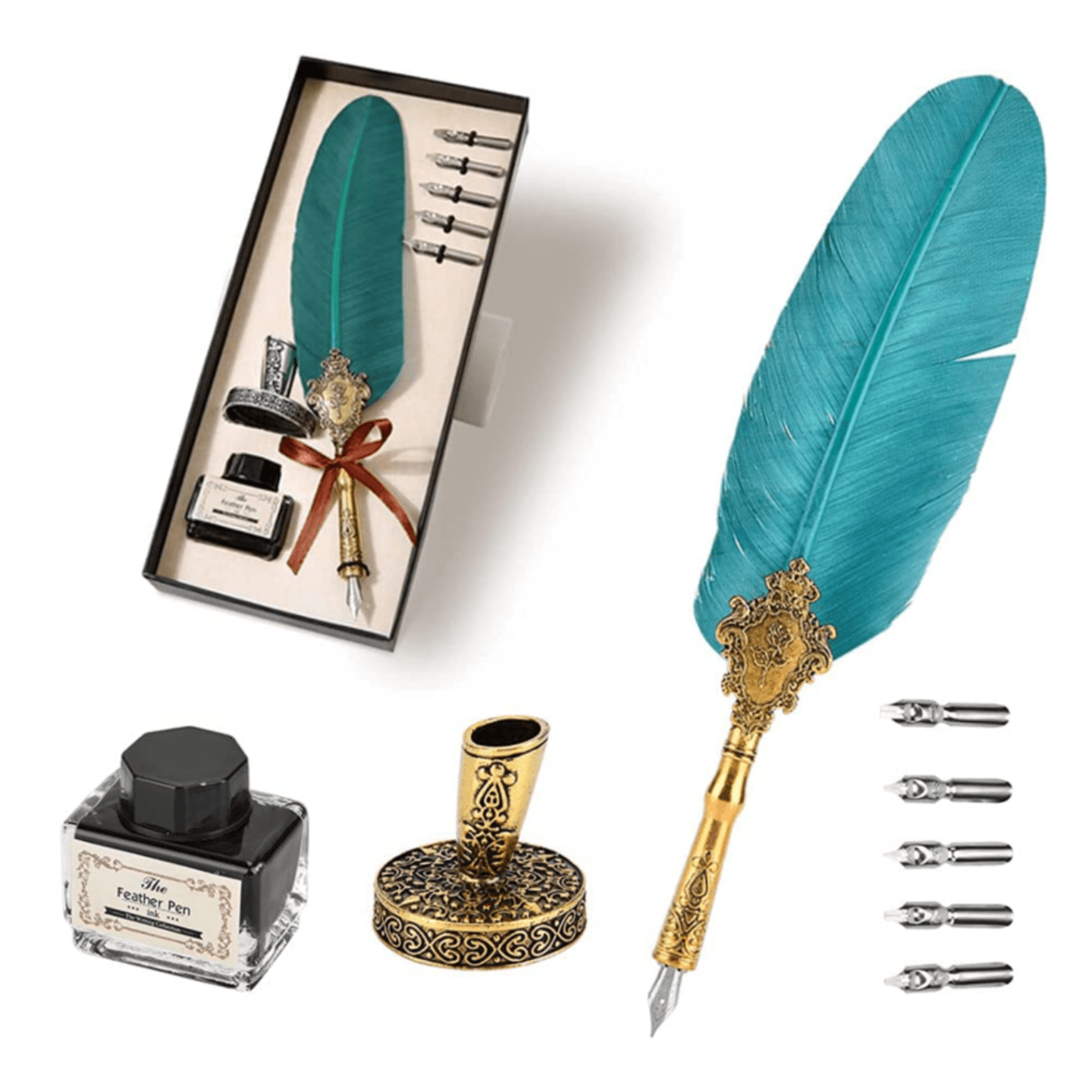 Qatalitic Classical Quill Pen Feather Set with Antique Blue Feather and 5 Replacement Nibs And Black Ink - Perfect  Gift for Calligraphy Writing, Drawing, Signatures, and Decoration