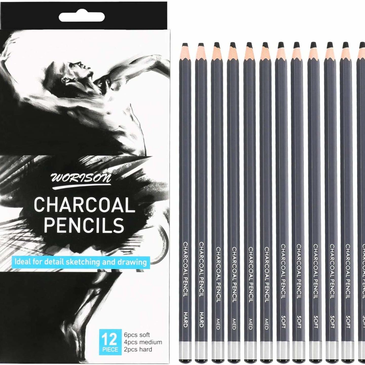 Qatalitic Professional Charcoal Pencils Drawing Set - 12 Pieces Soft Medium and Hard Charcoal Pencils for Drawing, Sketching, Shading, Artist Pencils for Beginners & Artists