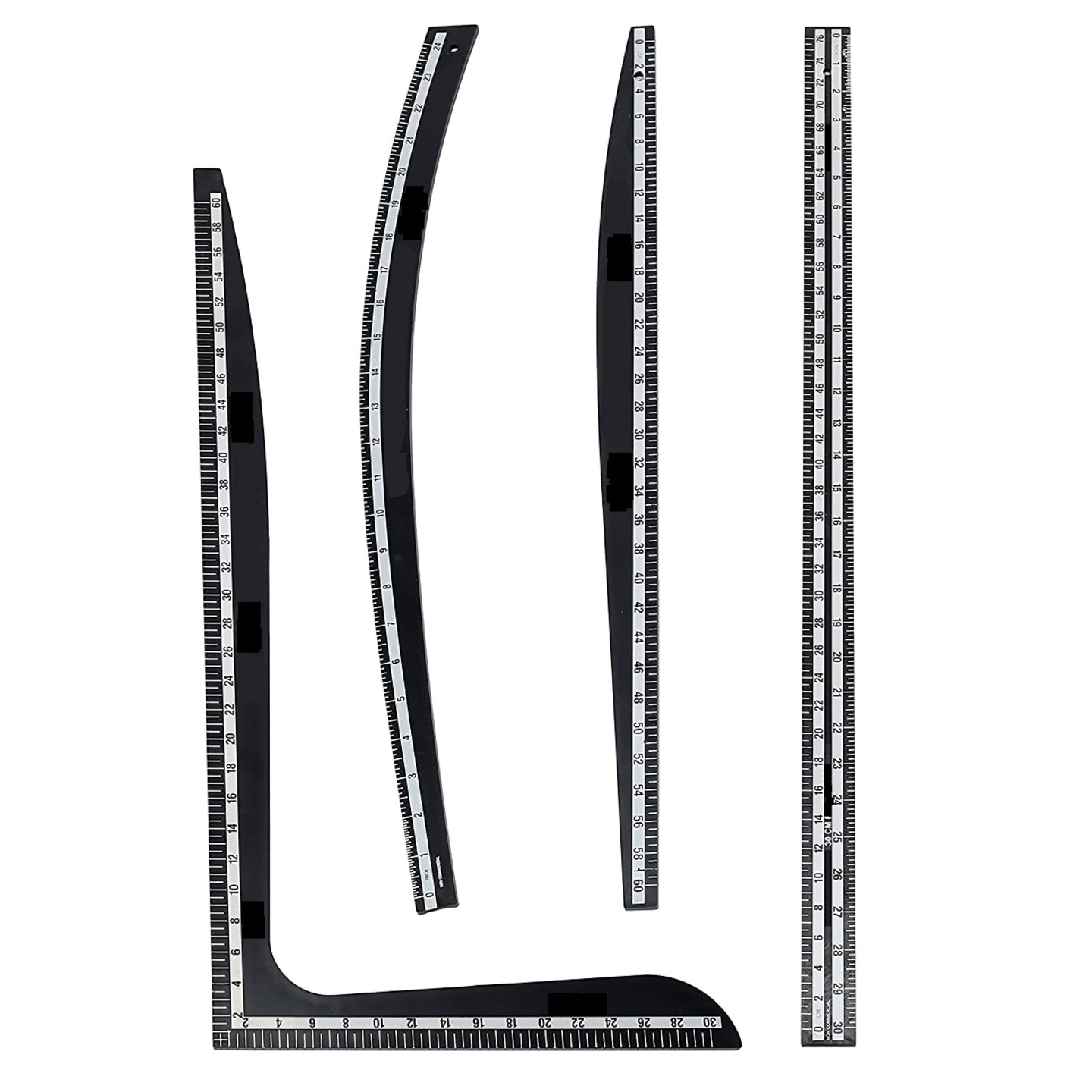Qatalitic Fashion Designing Hard Plastic Scales with L Scale, Arm Curve, Hip Curve and Long Ruler, Set of 4 Scales Black