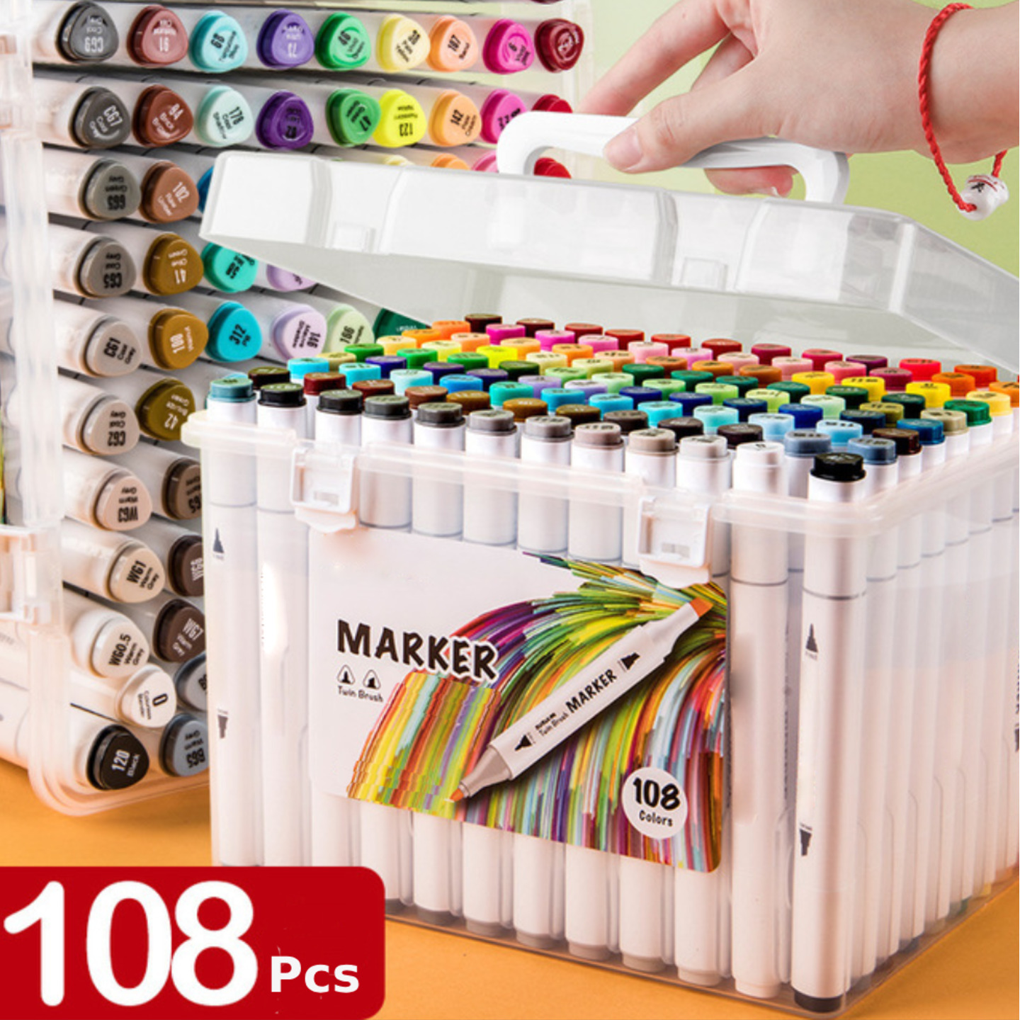 Qatalitic Set of 108 Colours Twin Head Art Markers Pen, Double Tipped Fine and Chisel Alcohol - Based Marker Set with Carrying Plastic Box, For Manga, Art Lovers, Designers And Artists White Body