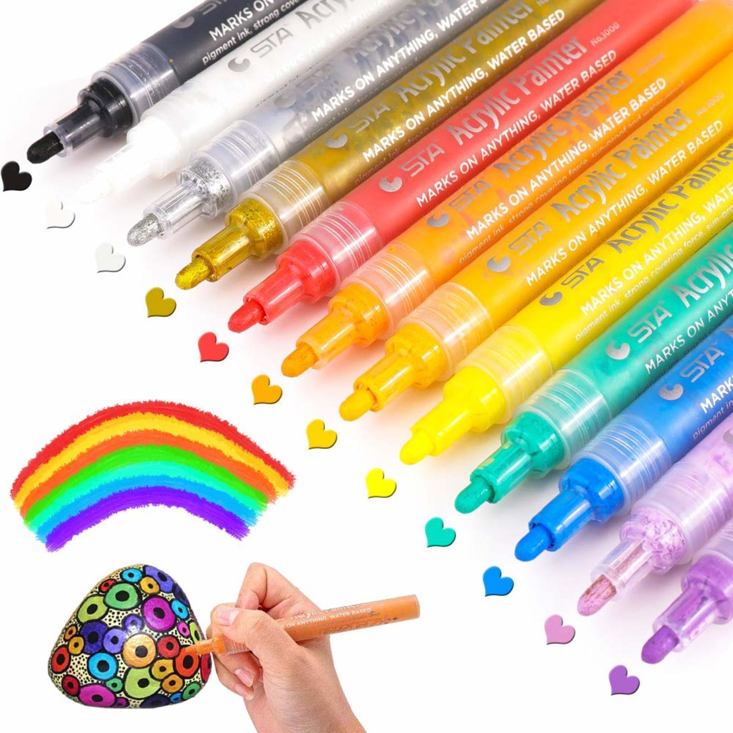 Qatalitic Acrylic Paint Marker Pens - Set of 12 Highly Pigmented Medium Point Tip Art Markers for DIY Glass, Ceramic, Rock, Wood, Canvas, Metal, and Fabric 