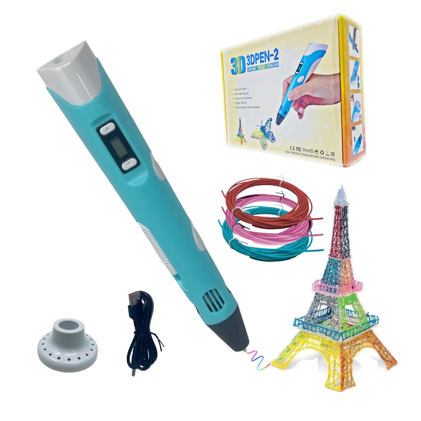 Qatalitic 3D Printing Pen with Adapter, LCD Display with Free Refill PLA Filaments, Easy to Use for kids to doodle and sketch in 3D, Ready to Create Random Color
