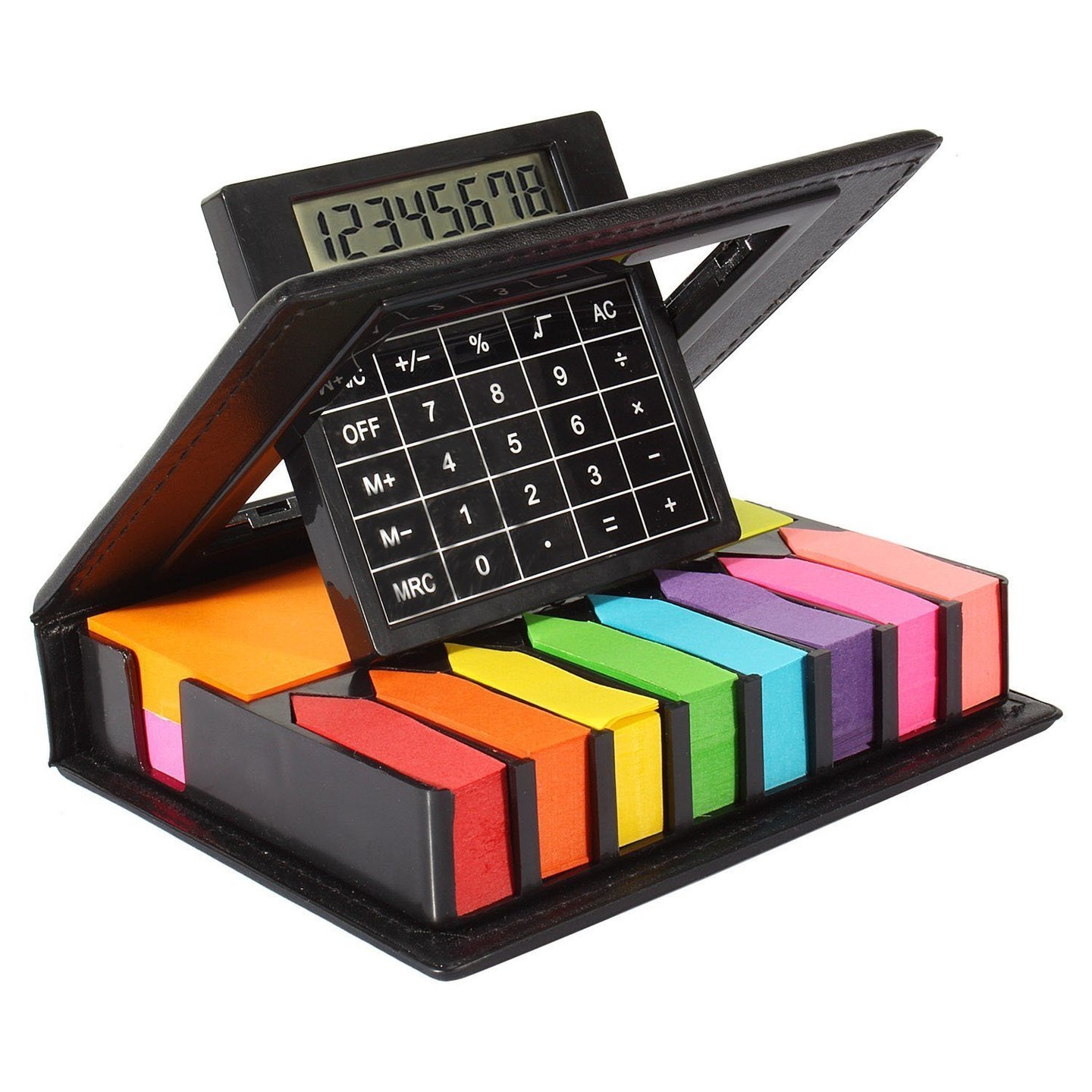 ASIN B01N7TGLUW Sticky Note Memo Pad with Arrow Flags in PU Leather Case with Built-in Calculator, Neon Colors