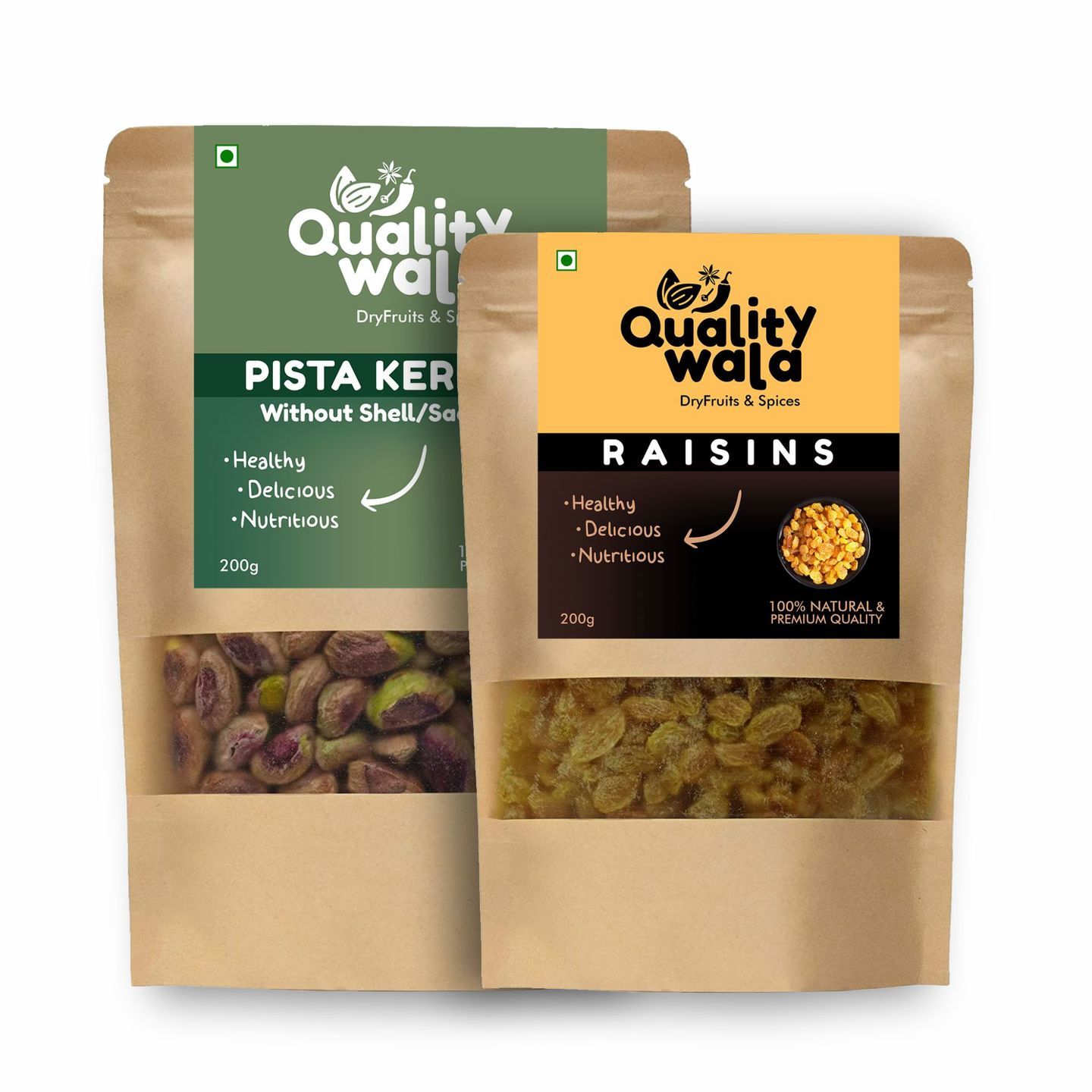 Qualtiywala Superior Quality Pista Kernels W/O shell / Raisins combo, 200grams each
