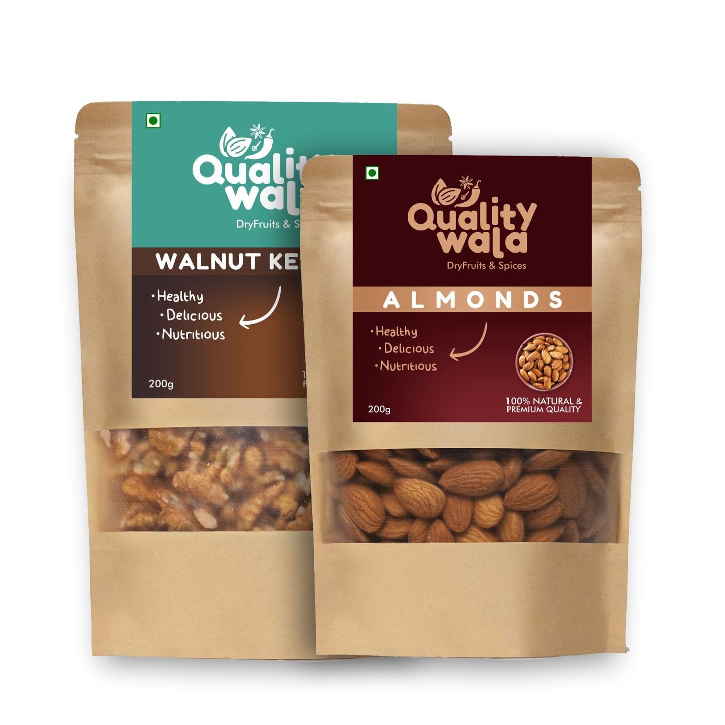 Qualitywala Superior Quality Walnut Kernels W/O Shell/ Almonds, 200grams each