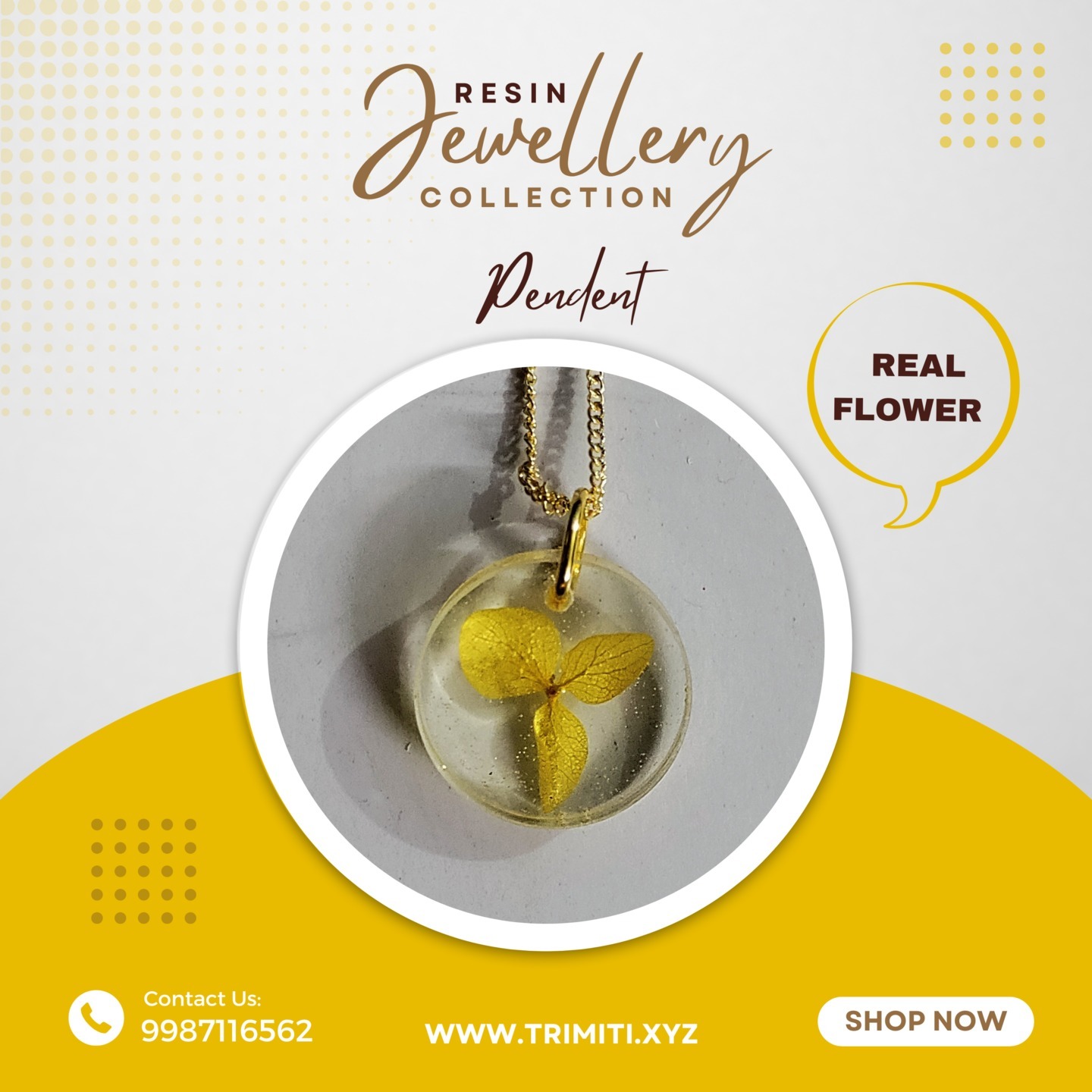 Yellow Flower Round Resin Necklace /Pendent