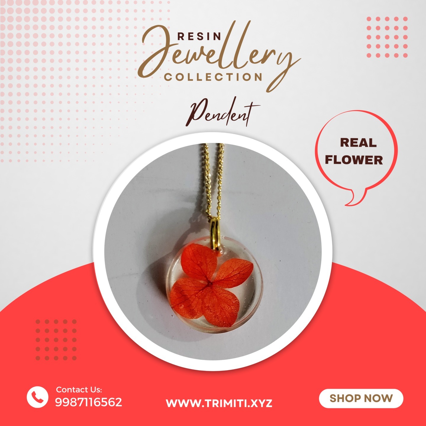 Red Flower Round Resin Necklace  Pendent
