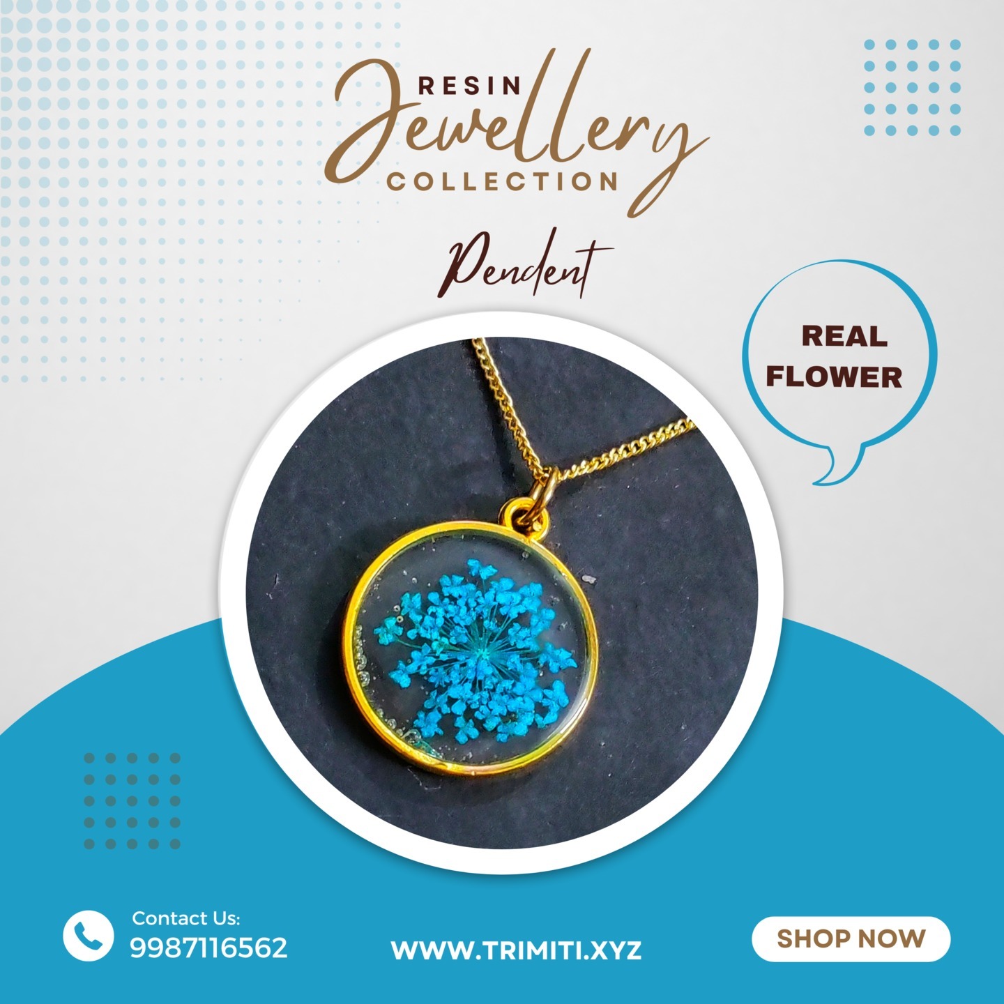 Blue  Flower Round Resin Necklace /Pendent