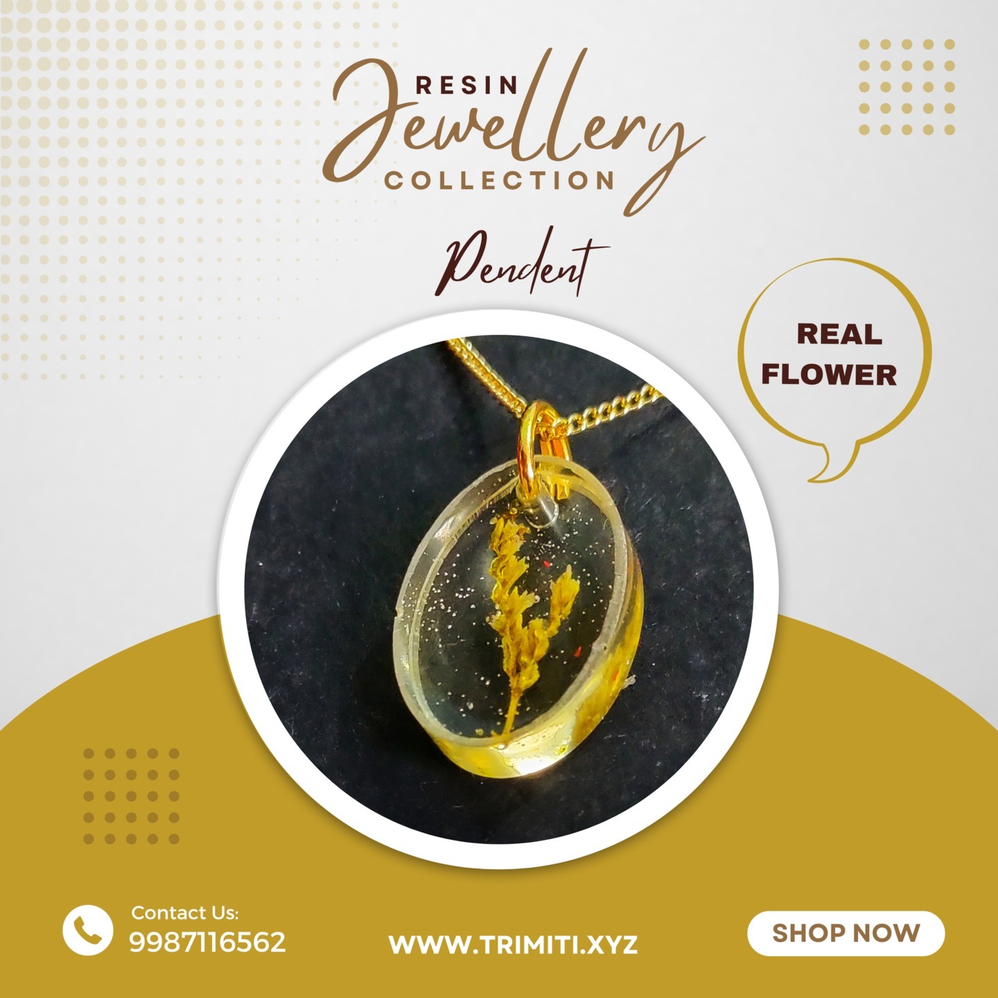 Yellow Flower Round Resin Necklace /Pendent