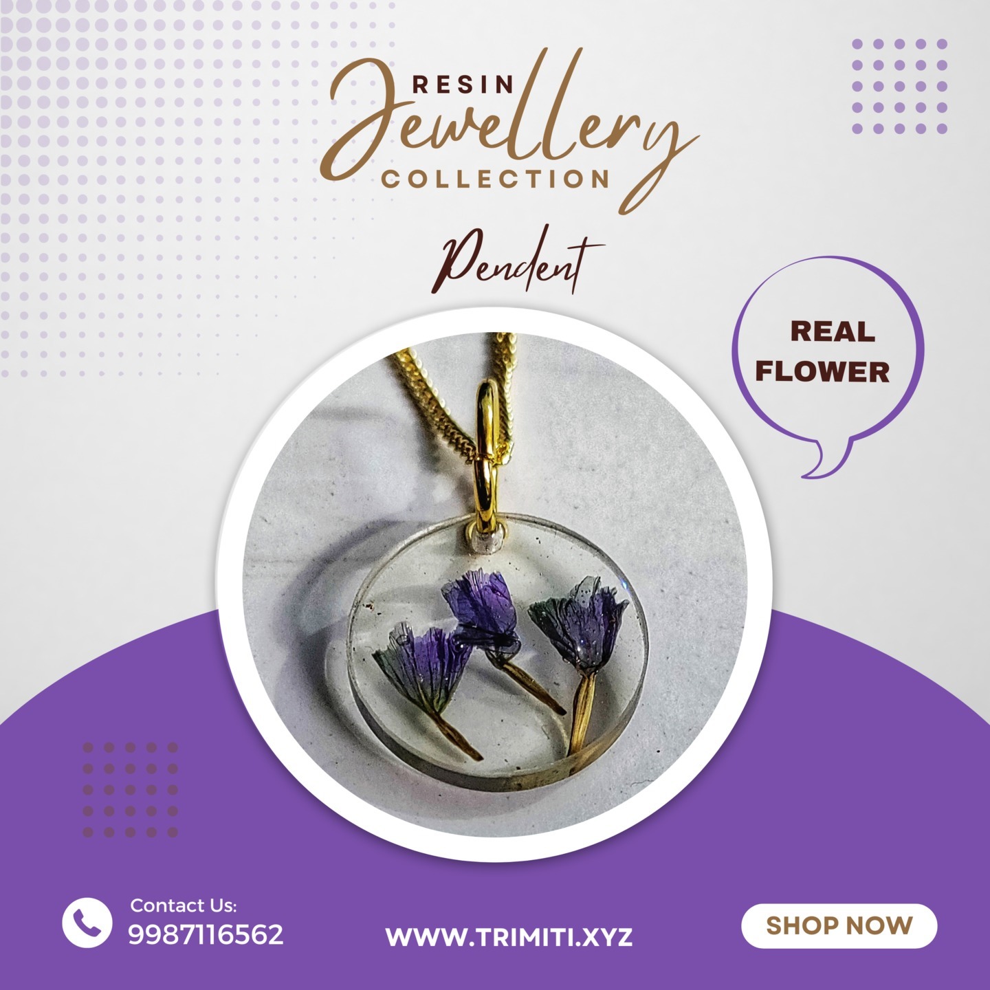 Purple  Flower Round Resin Necklace /Pendent