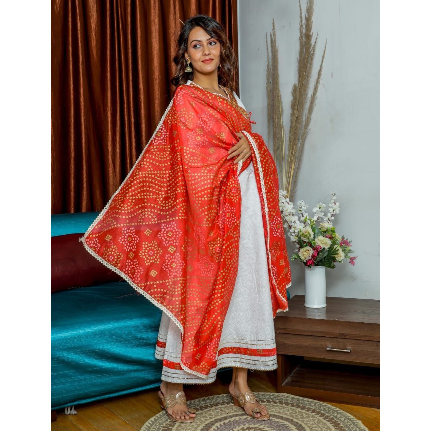Premium cotton Khadi print  white Anghrakha Pettern full flair gown gotta on yoke & flair 