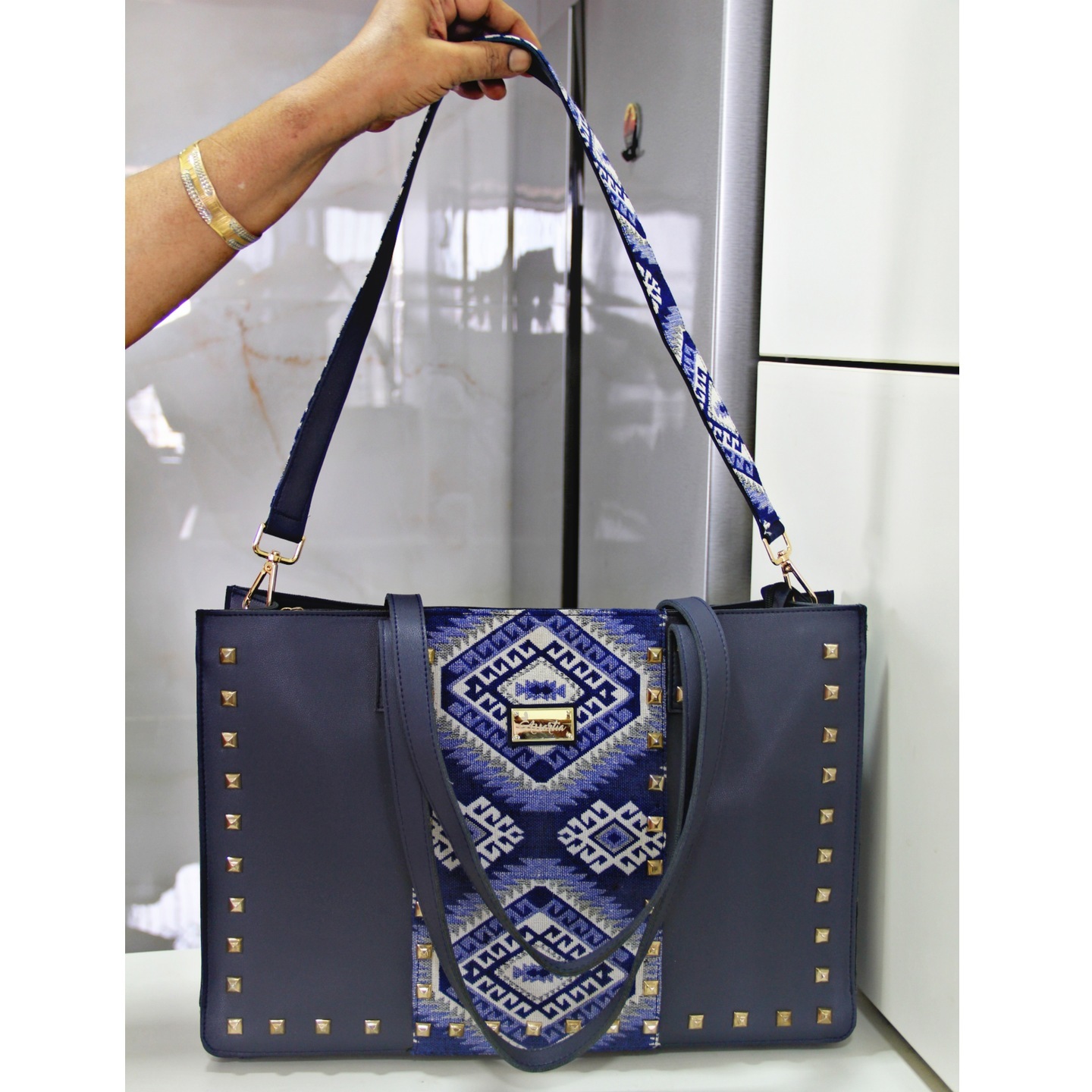 Navy Blue Gold Studded Handcrafted Vegan Utility Tote Bag